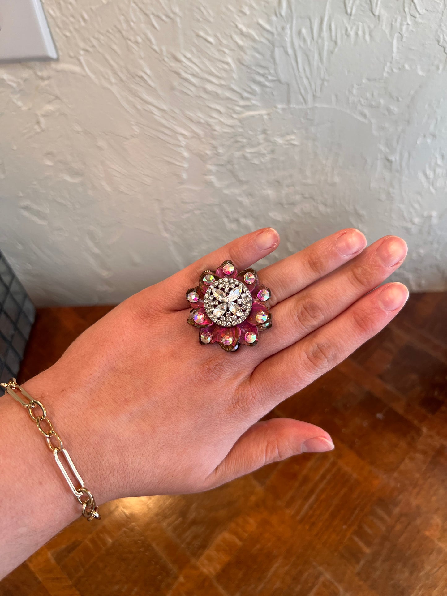 ALICE Pink Hand Painted Pink Metal Flower with Crystal Ring