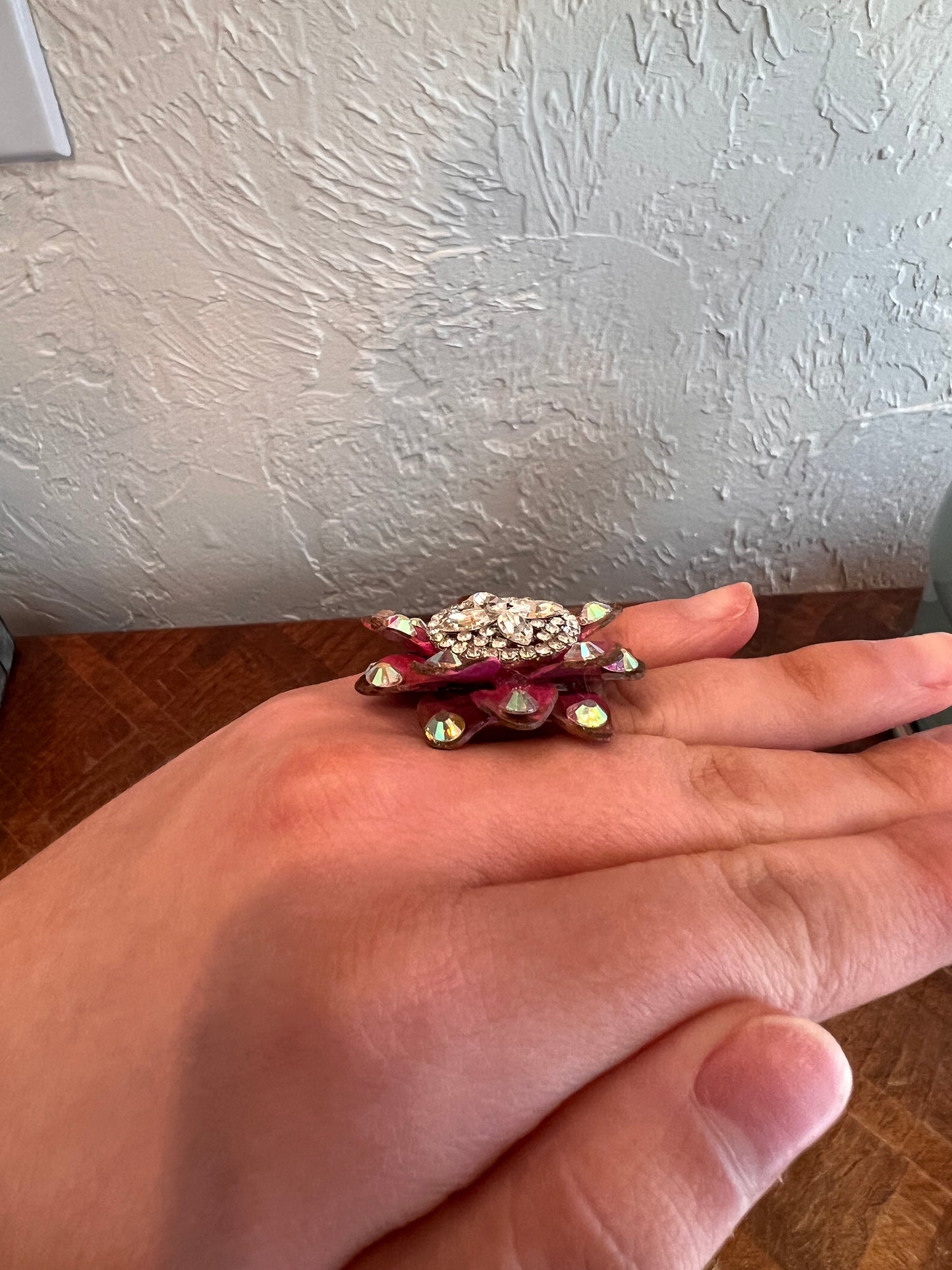 ALICE Pink Hand Painted Pink Metal Flower with Crystal Ring