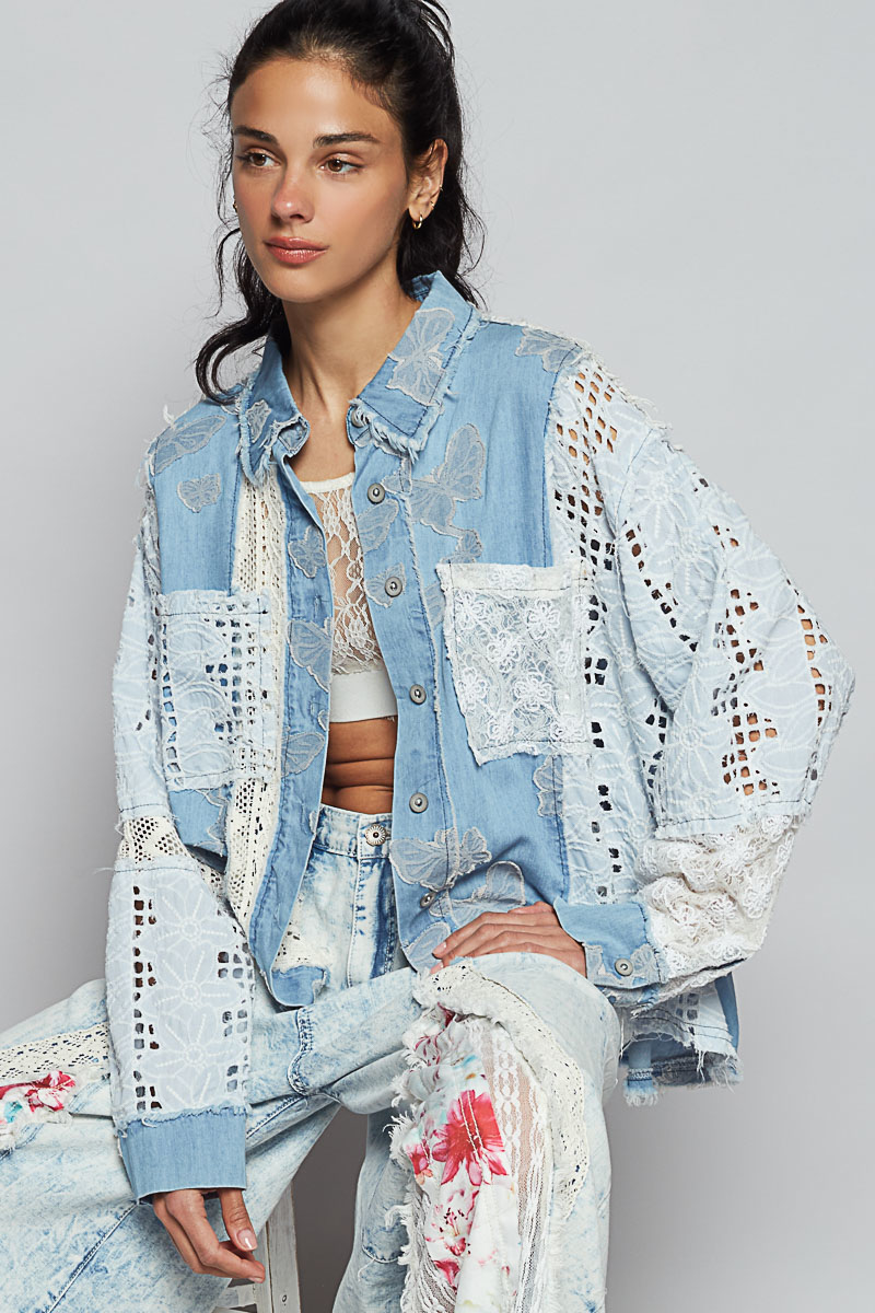 POL Sequin Crochet Multi Fabric Top Denim