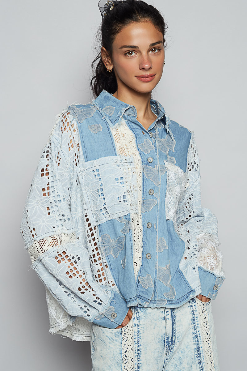 POL Sequin Crochet Multi Fabric Top Denim