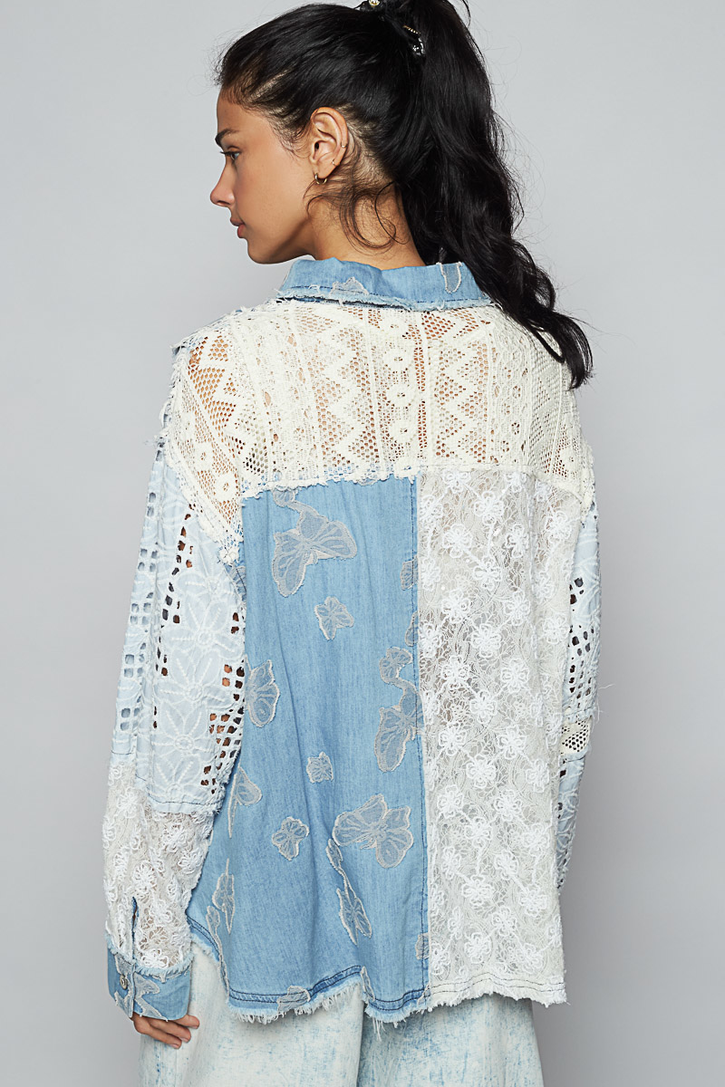 POL Sequin Crochet Multi Fabric Top Denim