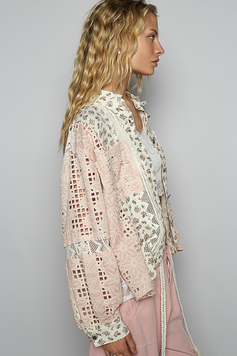 POL Sequin Crochet Multi Fabric Top Pink