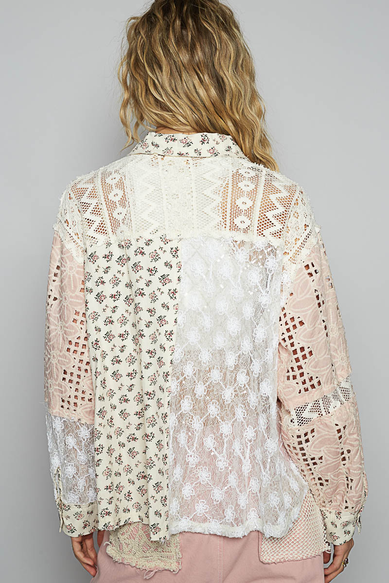 POL Sequin Crochet Multi Fabric Top Pink