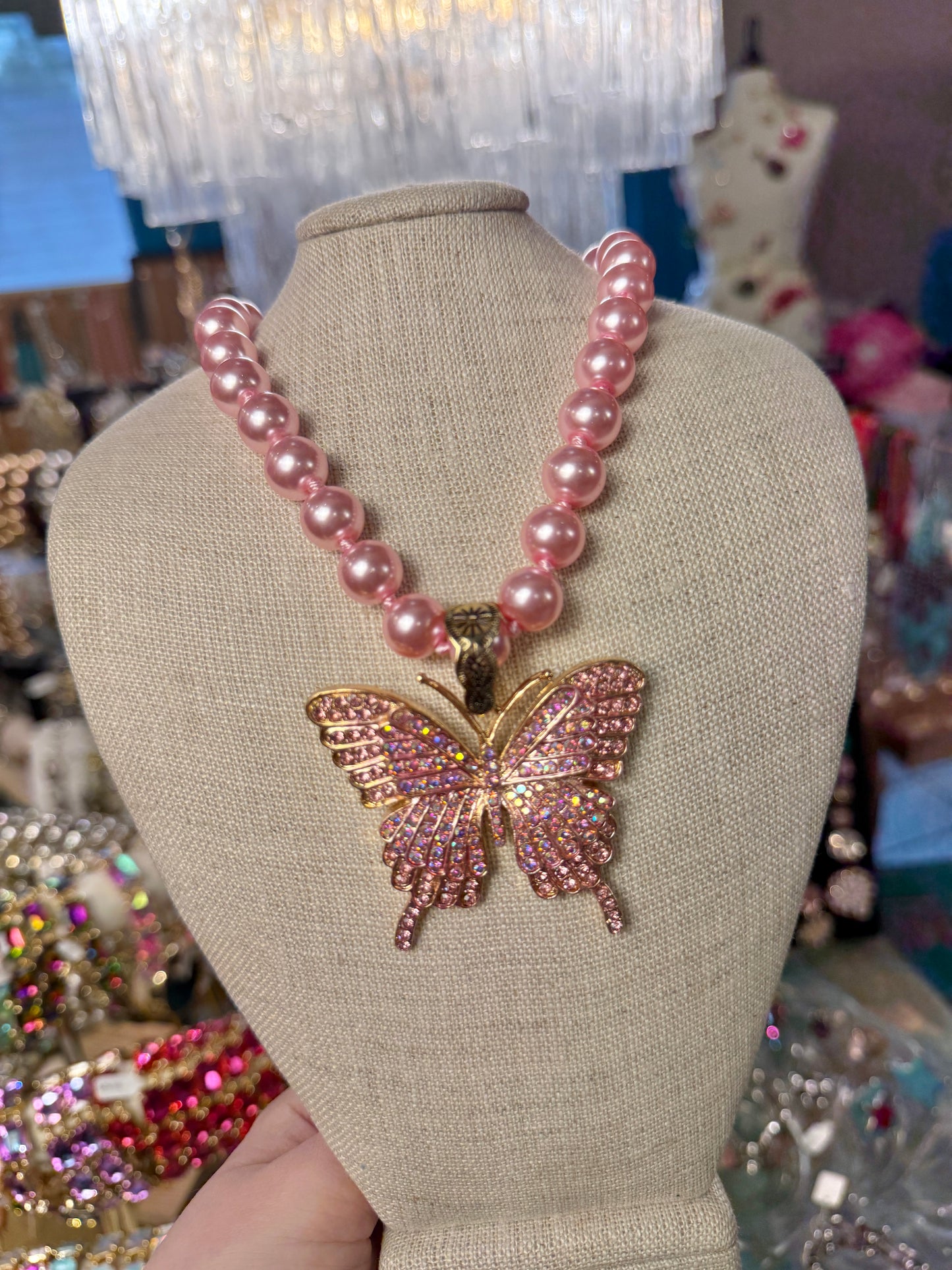 Pink Butterfly on Pink Pearl Necklace
