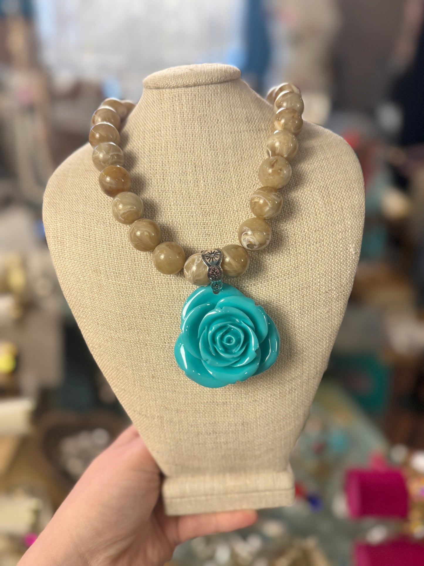 Taupe Marble Turquoise Resin Rose Necklace