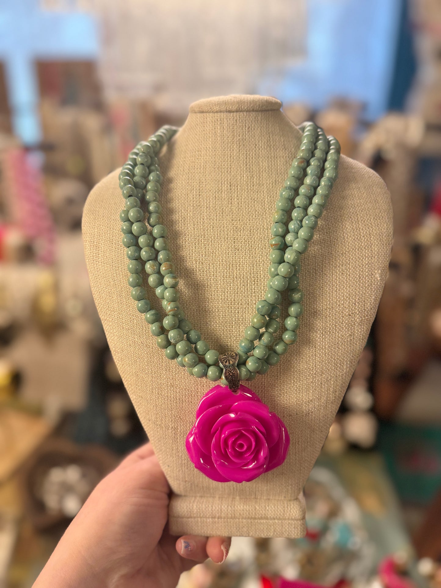 Layered Turquoise Bead Hot Pink Resin Rose Necklace