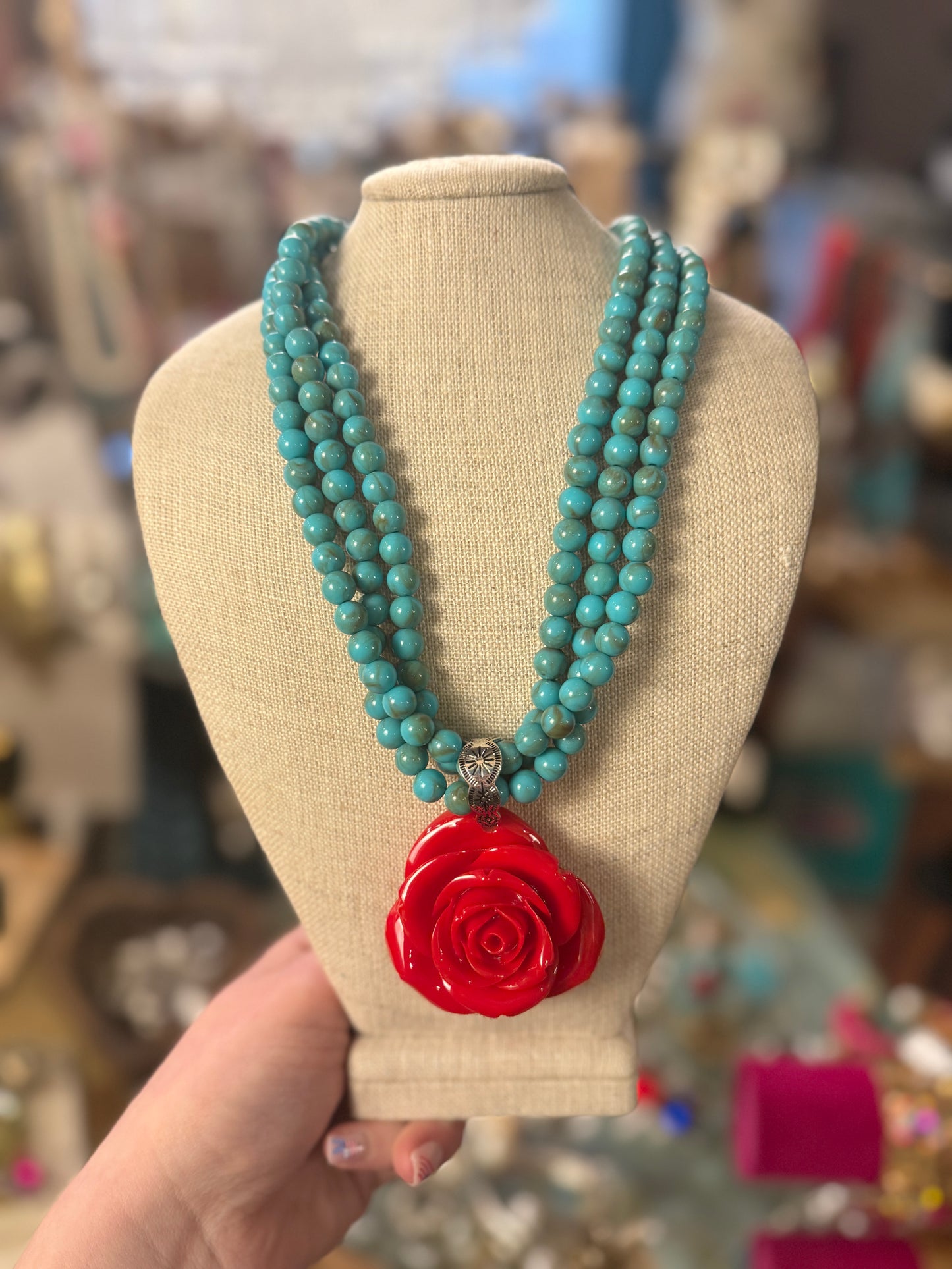 Layered Turquoise Bead Red Resin Rose Necklace