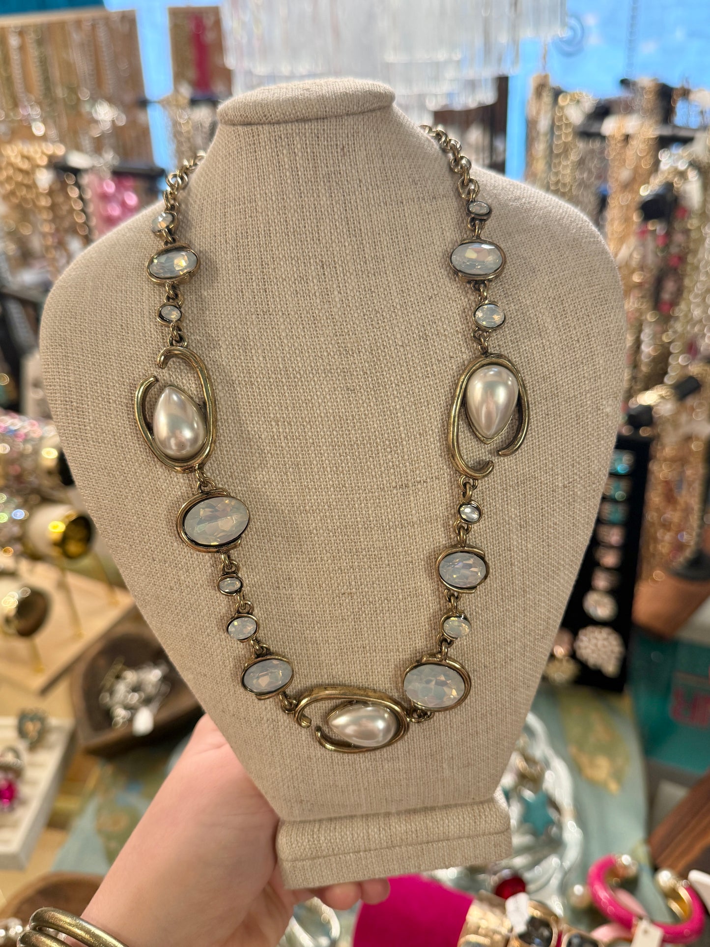 Gold Abstract Pearl and Opal Necklace