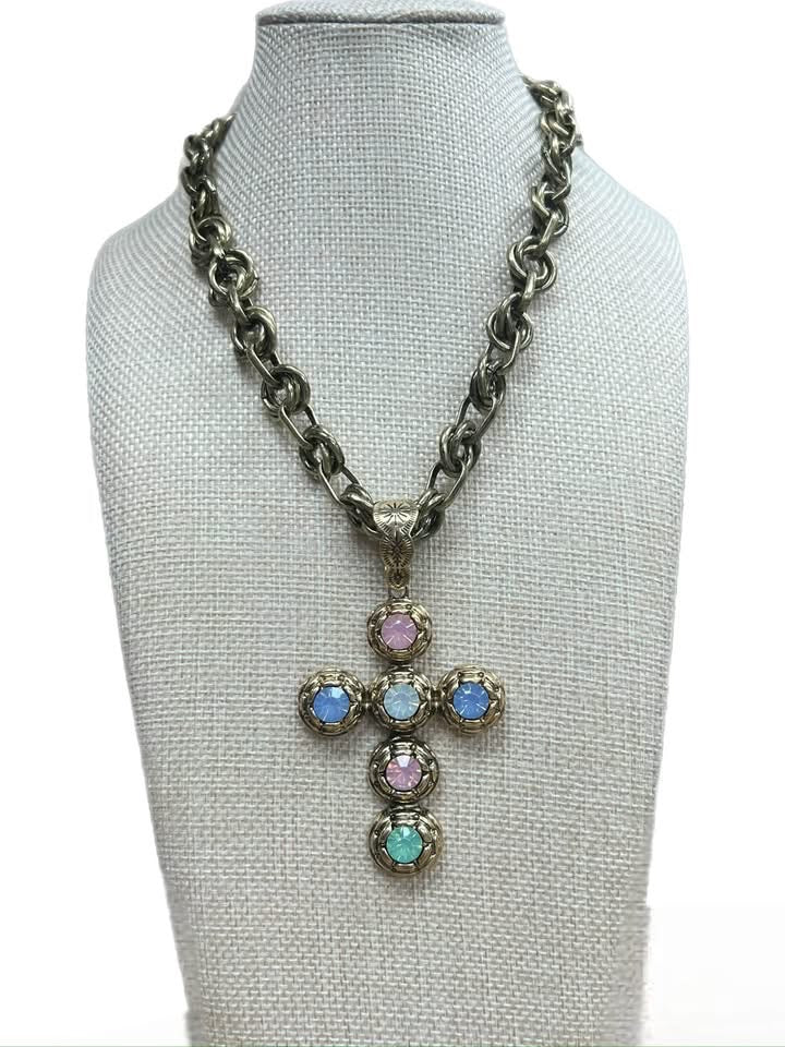 Opal Crystal Burnished Gold Cross Necklace