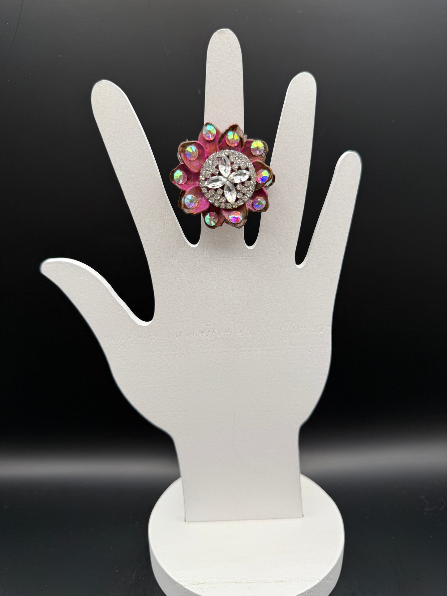 ALICE Pink Hand Painted Pink Metal Flower with Crystal Ring