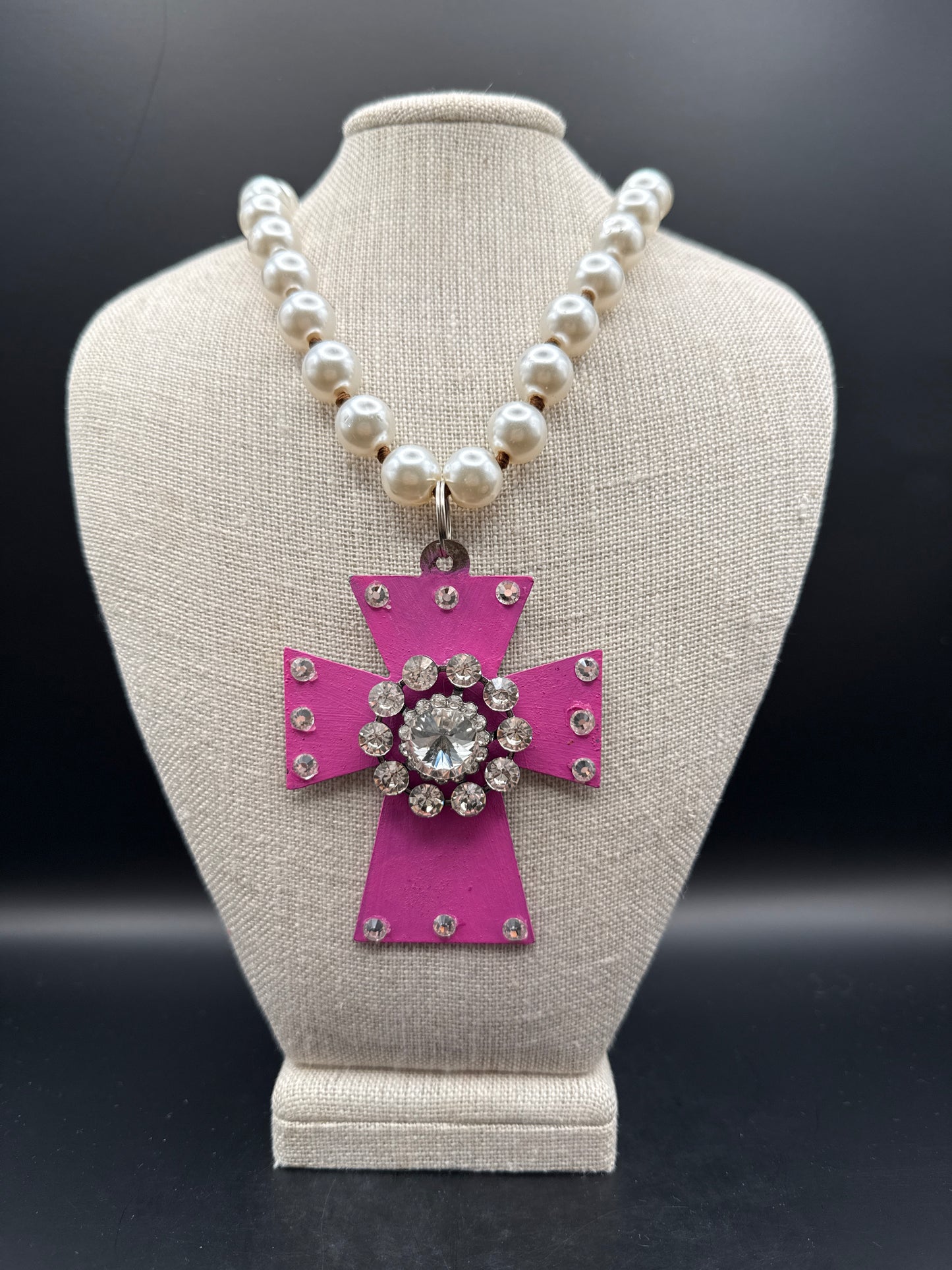 ALICE Large Pink Hand Painted Metal Cross with Crystals on Pearl Necklace