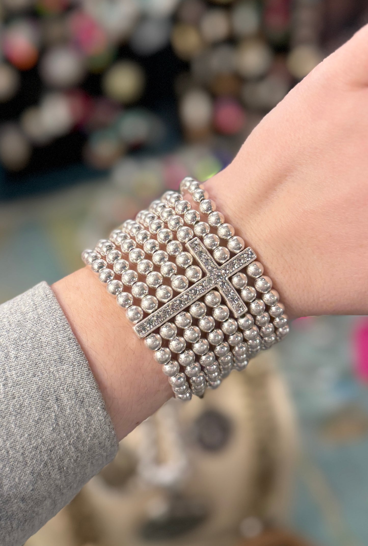 Silver Multi Strand Cross Bracelet