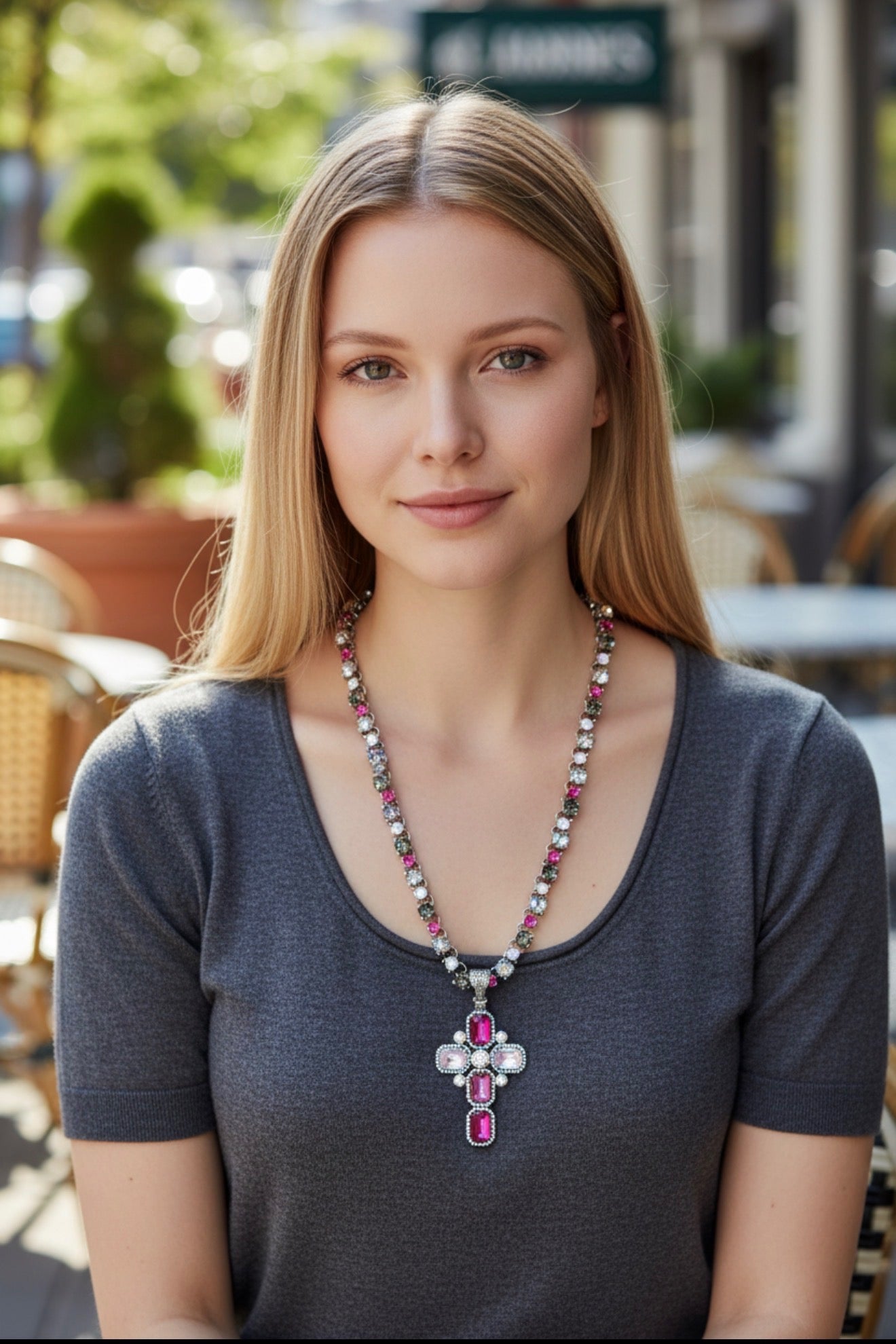 Long Multi Pink Crystal Cross Necklace