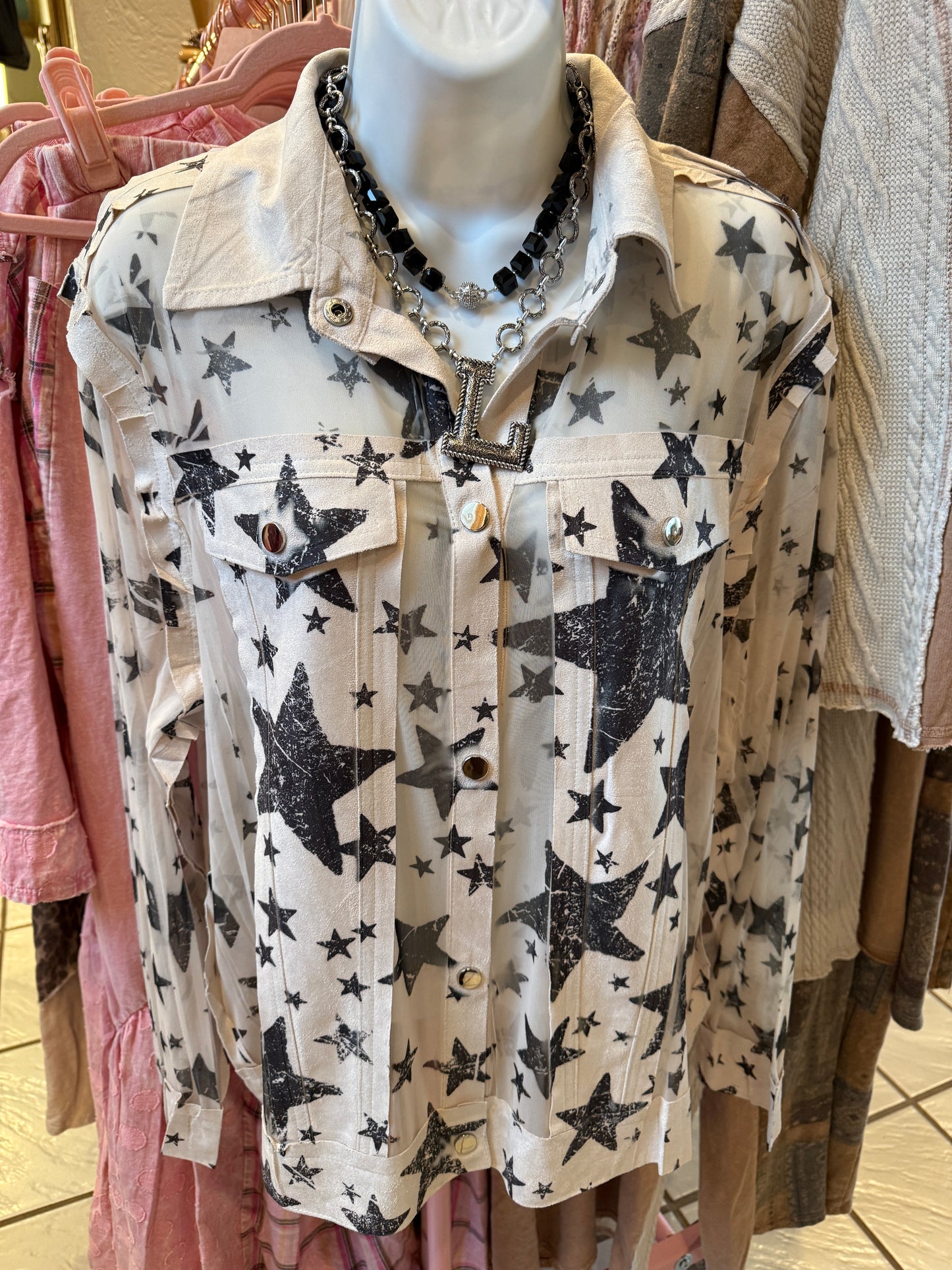 ORIGAMI Faux Suede Mesh Trimmed Detailed Jacket Star