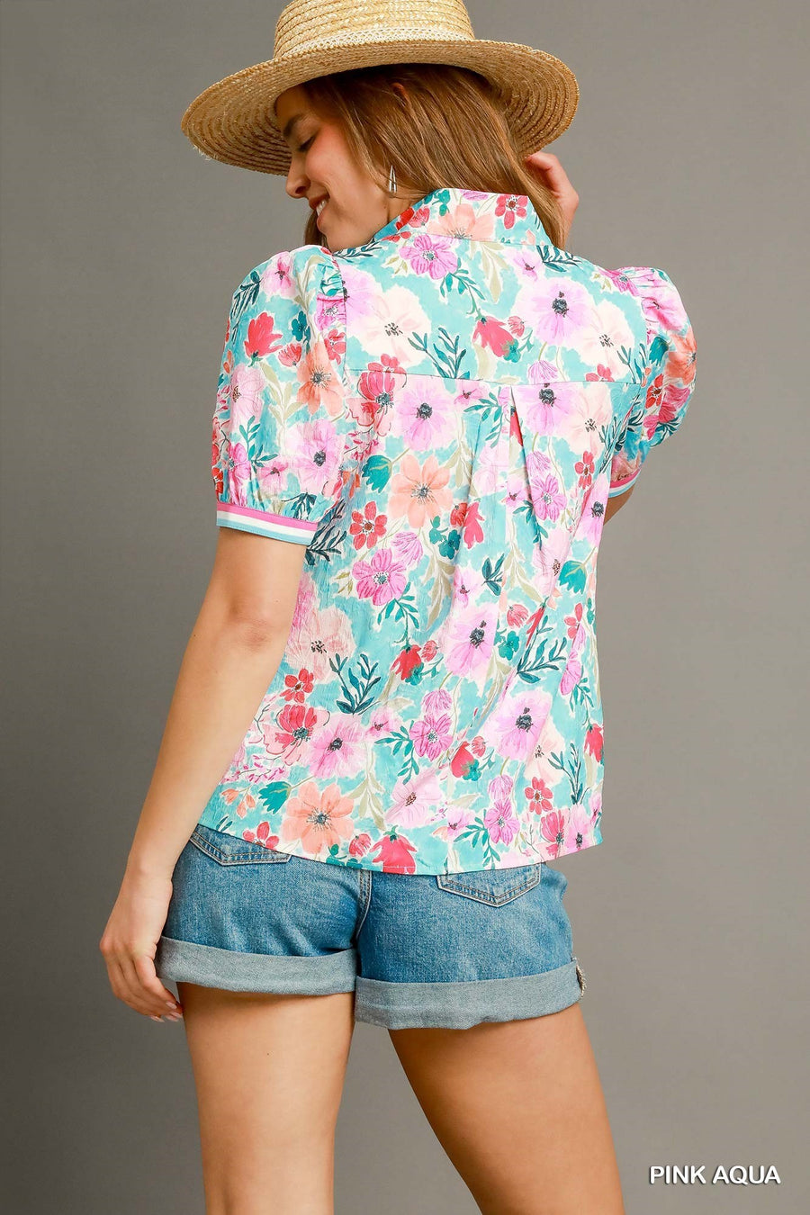 UMGEE Floral High-Collar Split Neck Blouse Pink Aqua