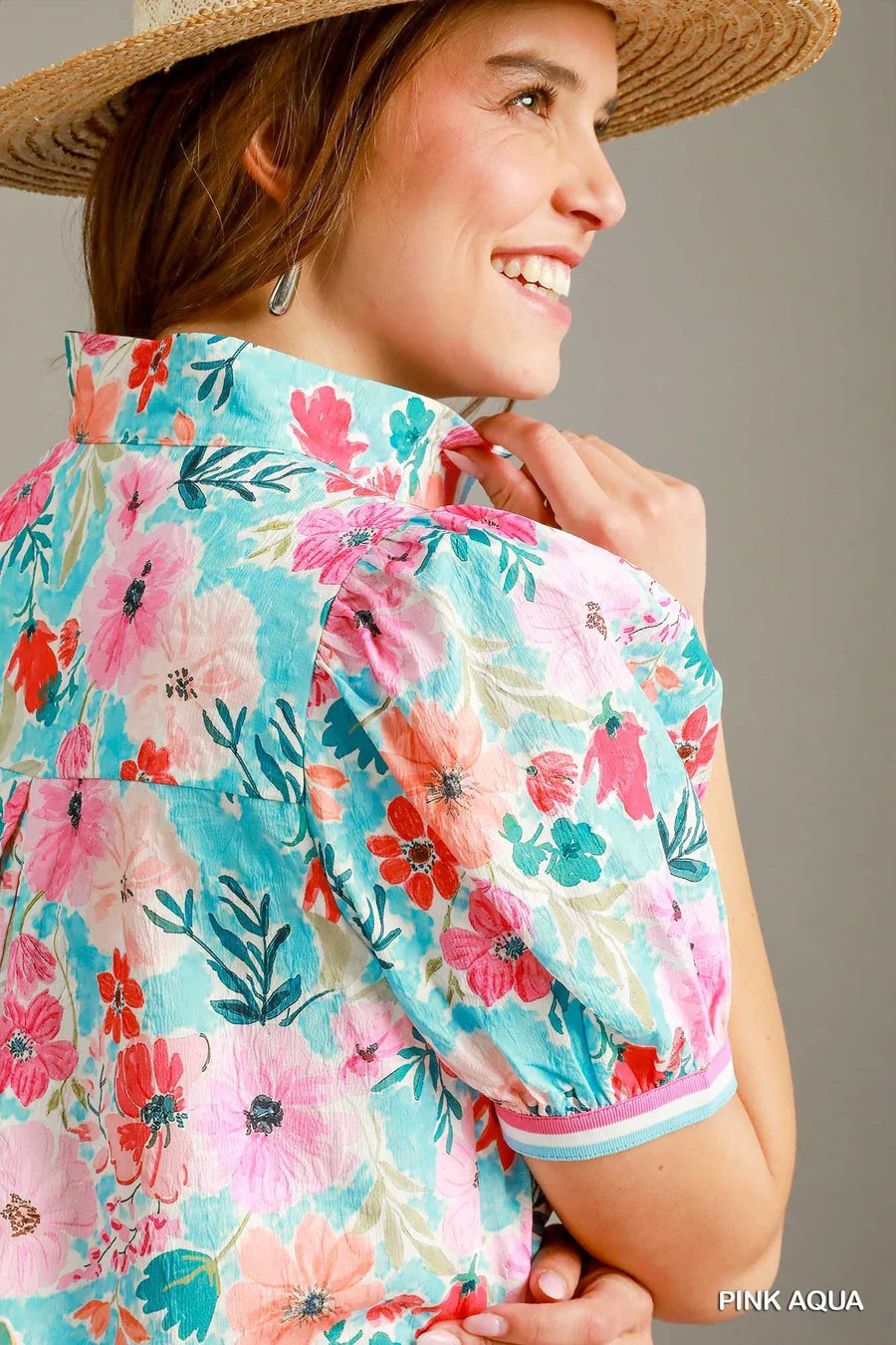 UMGEE Floral High-Collar Split Neck Blouse Pink Aqua