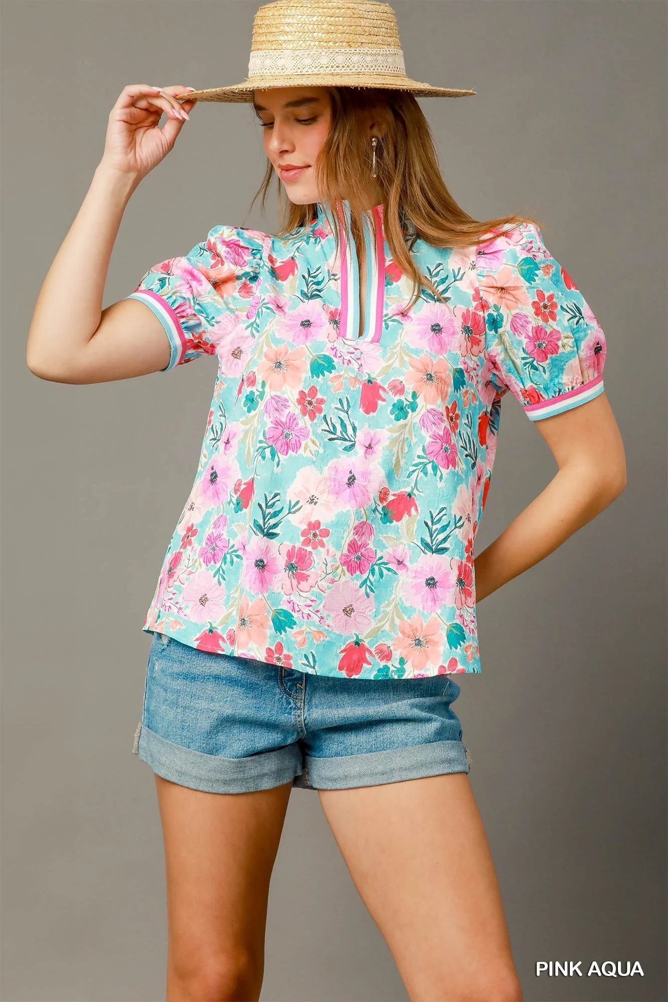 UMGEE Floral High-Collar Split Neck Blouse Pink Aqua