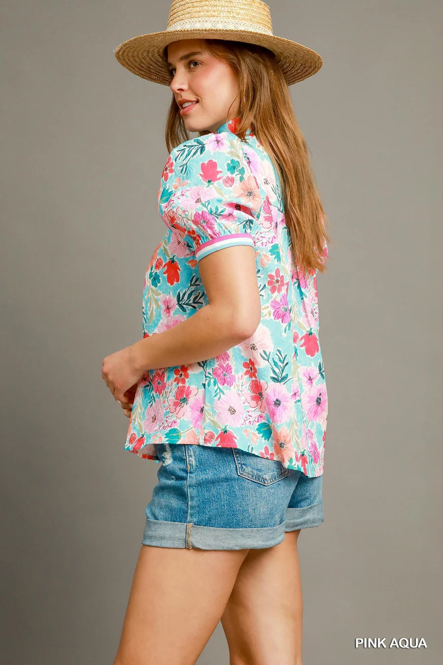 UMGEE Floral High-Collar Split Neck Blouse Pink Aqua
