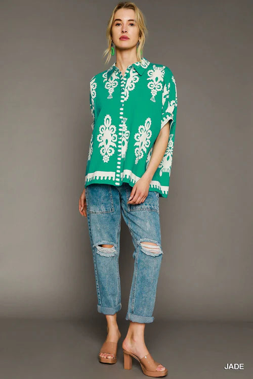 UMGEE Oversized Abstract Print Button Down Top Jade