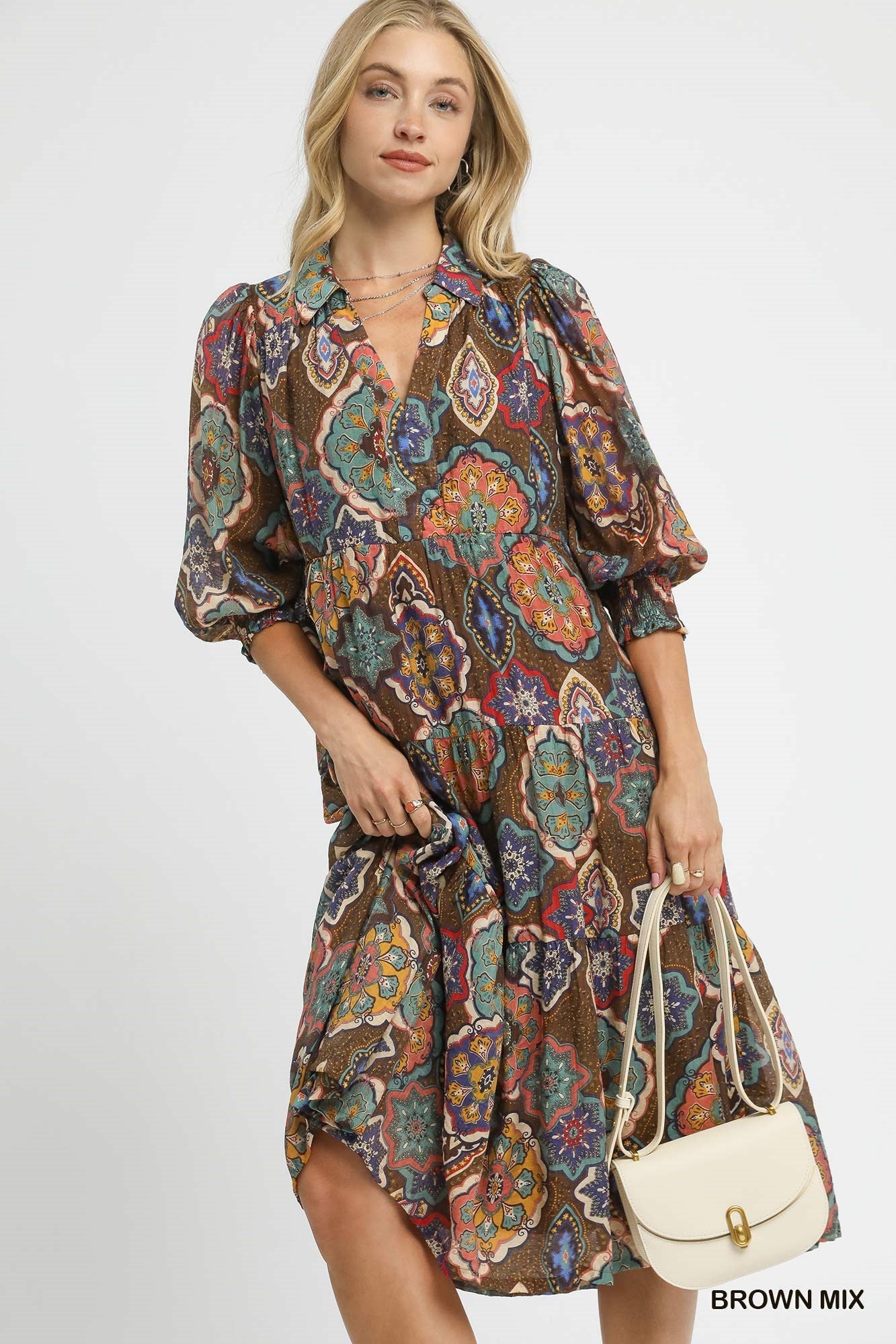 UMGEE Boho Print Tiered Midi Dress Brown Mix