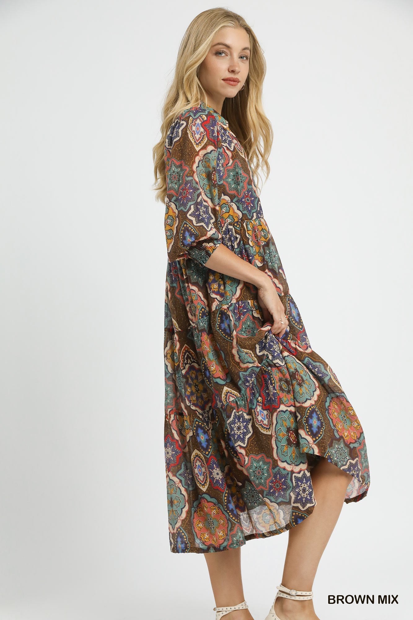 UMGEE Boho Print Tiered Midi Dress Brown Mix