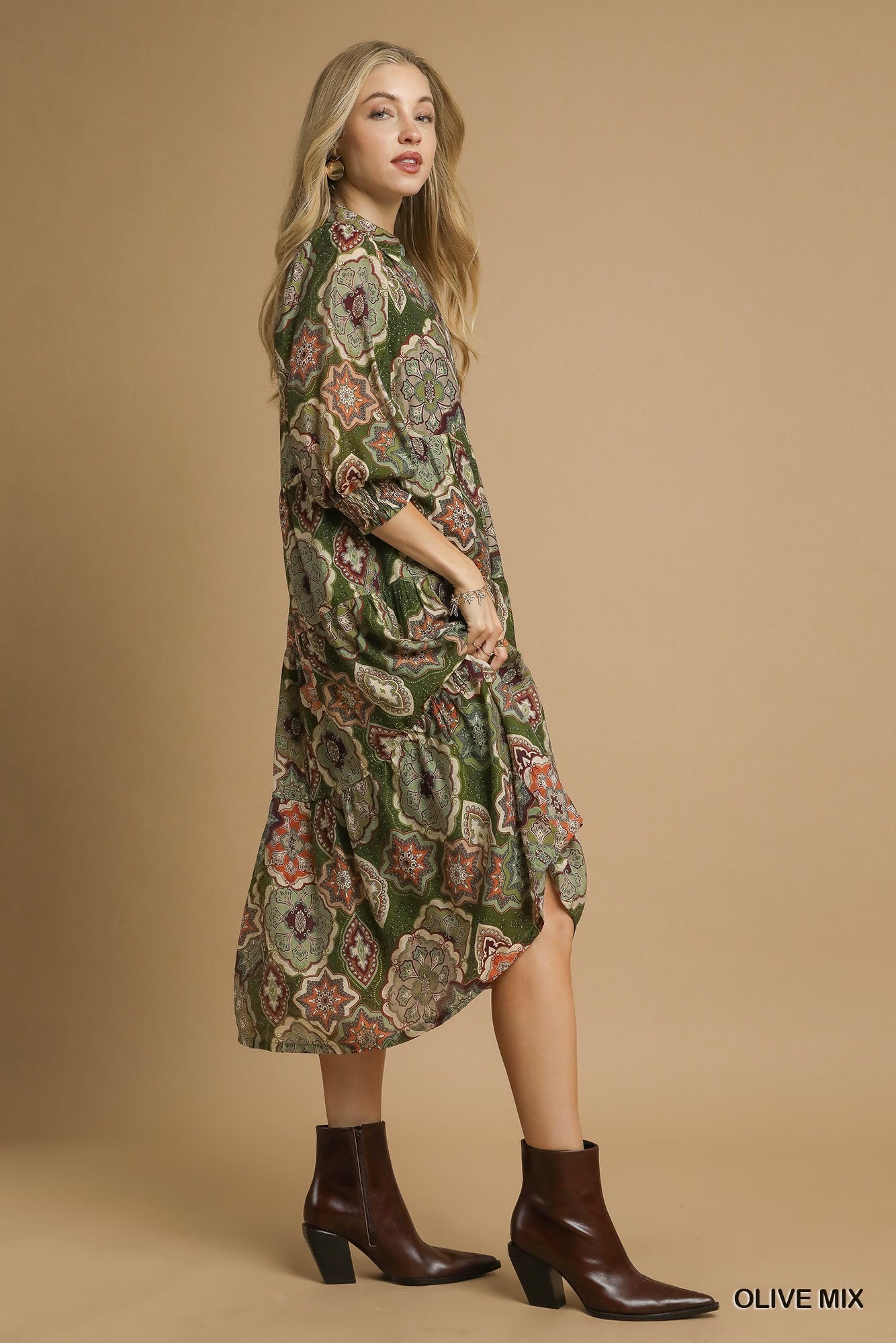 UMGEE Boho Print Tiered Midi Dress Olive Mix