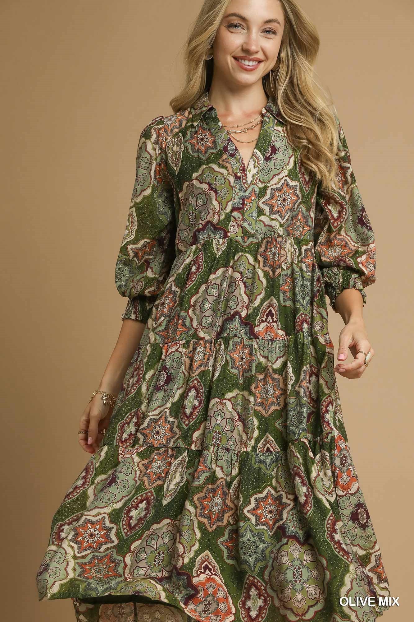 UMGEE Boho Print Tiered Midi Dress Olive Mix