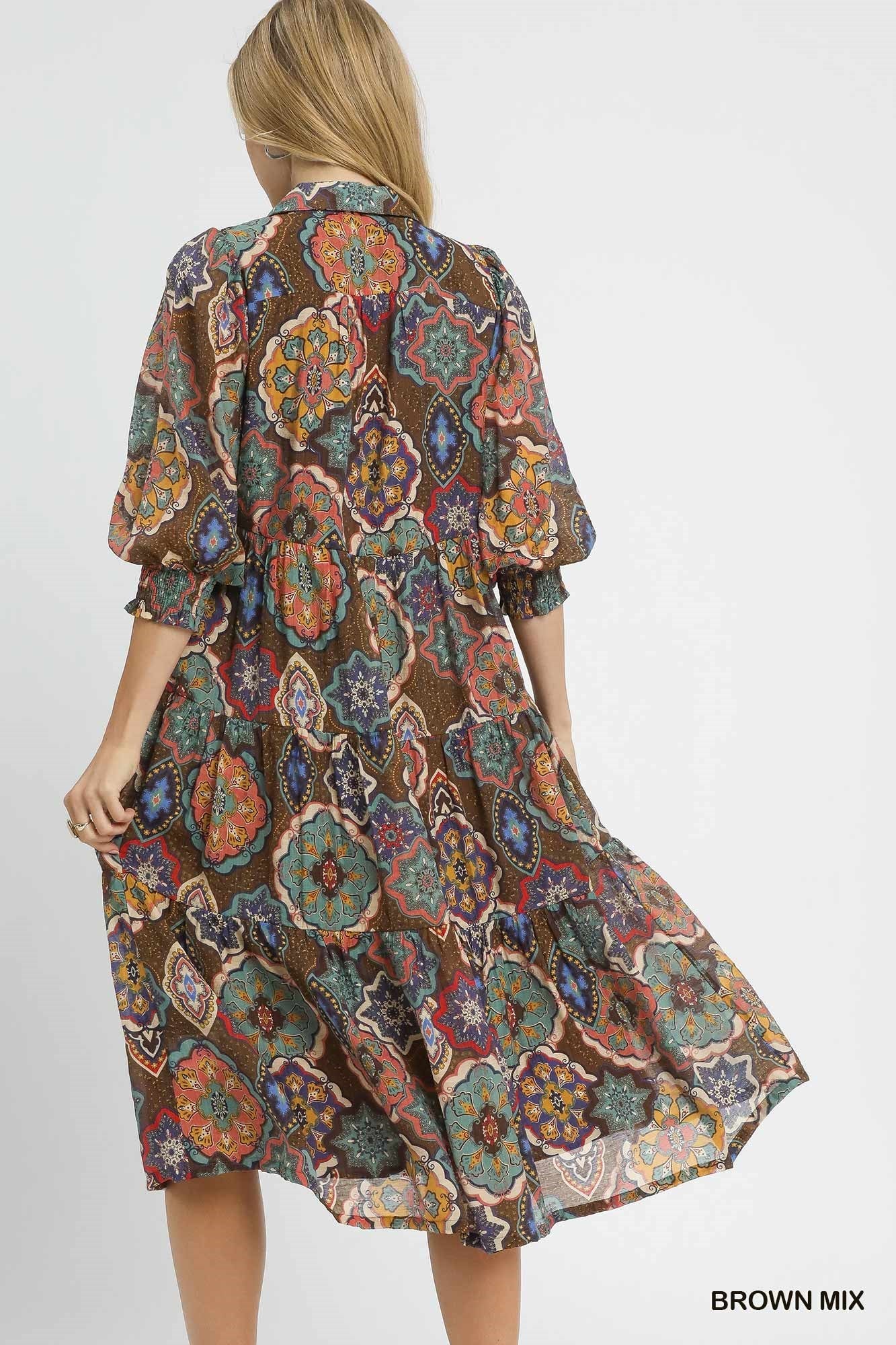 UMGEE Boho Print Tiered Midi Dress Brown Mix