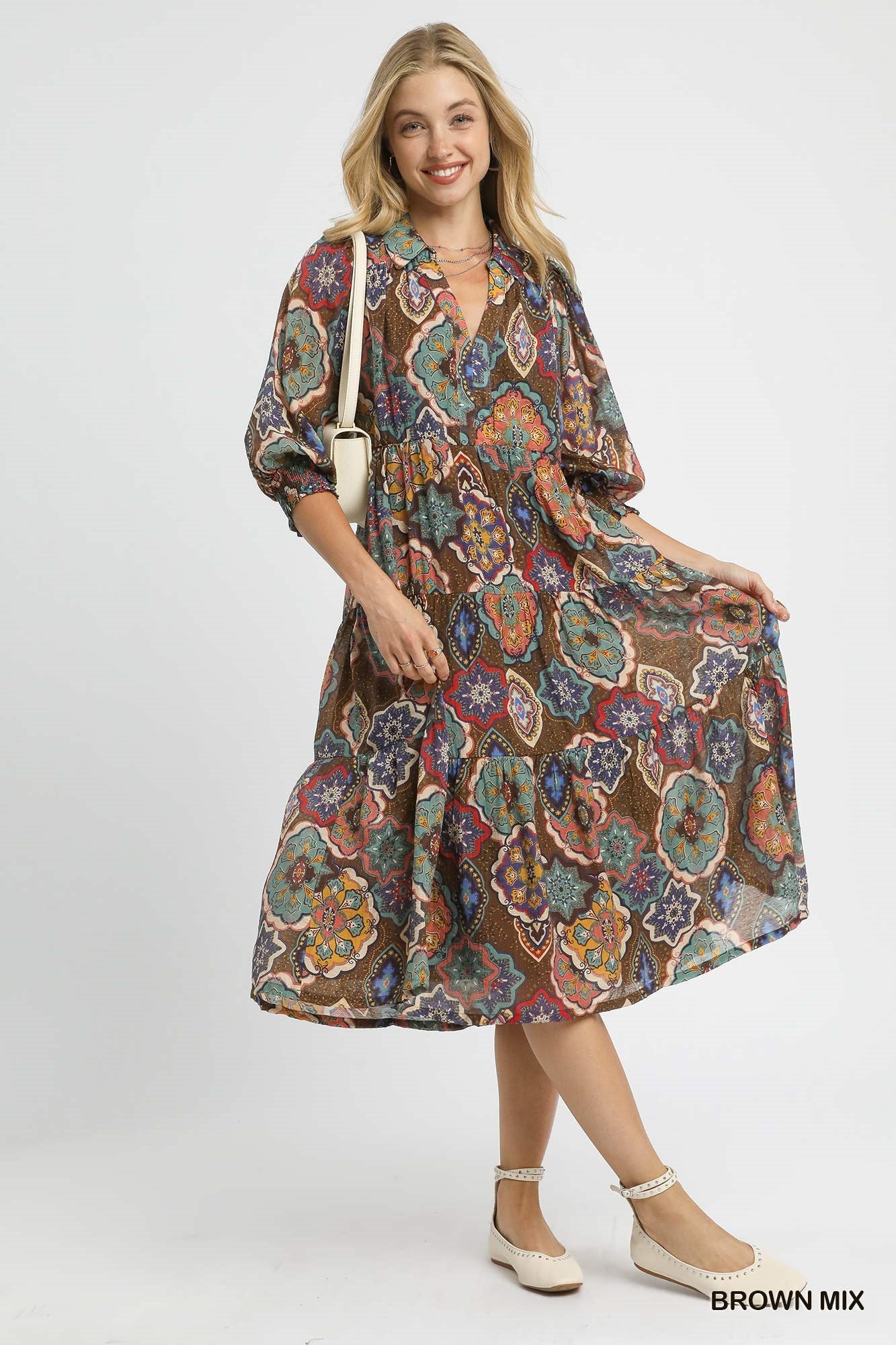 UMGEE Boho Print Tiered Midi Dress Brown Mix