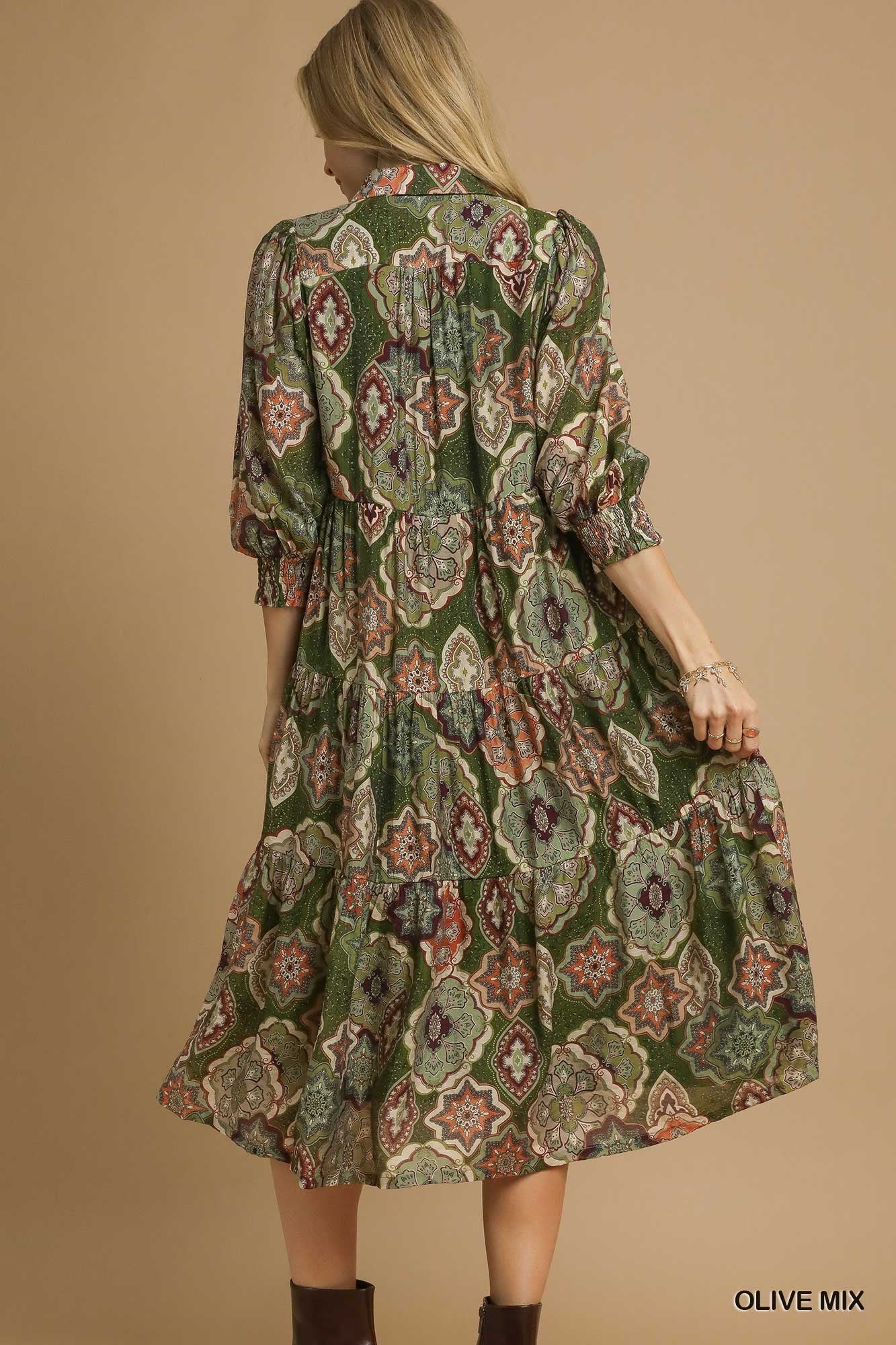 UMGEE Boho Print Tiered Midi Dress Olive Mix