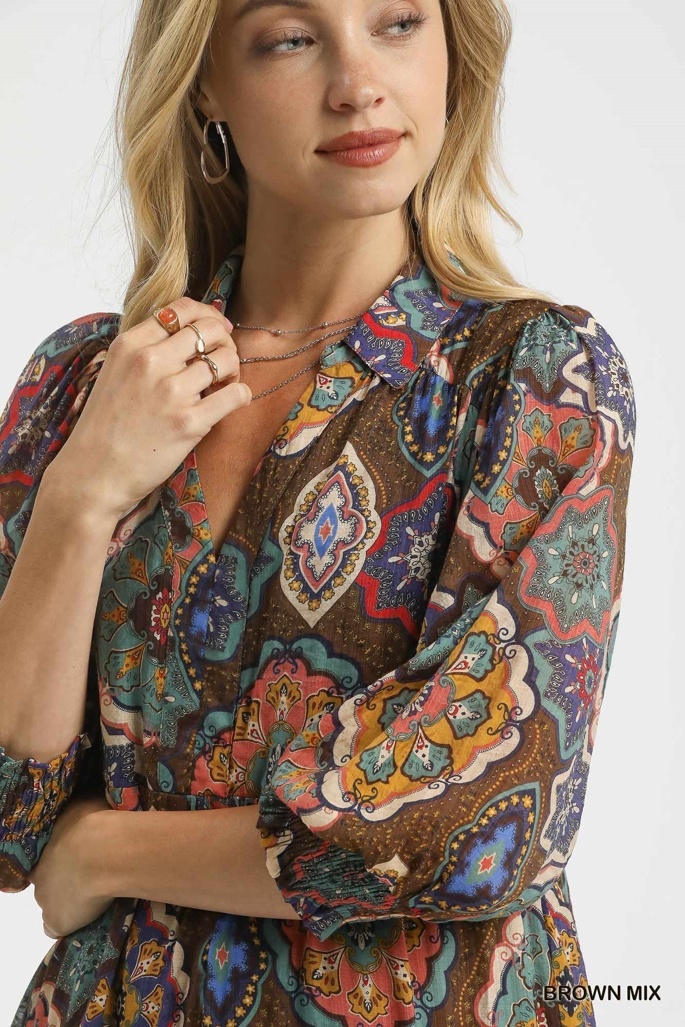 UMGEE Boho Print Tiered Midi Dress Brown Mix