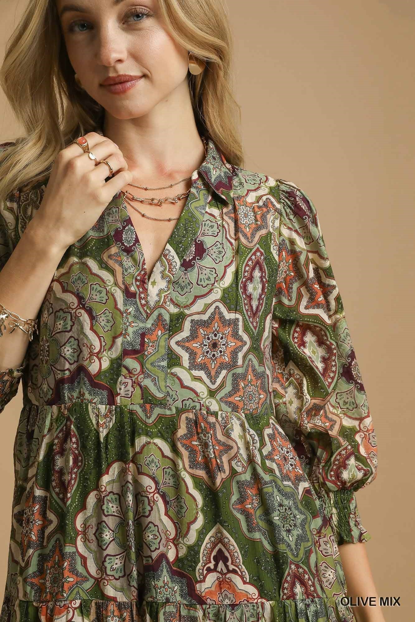 UMGEE Boho Print Tiered Midi Dress Olive Mix