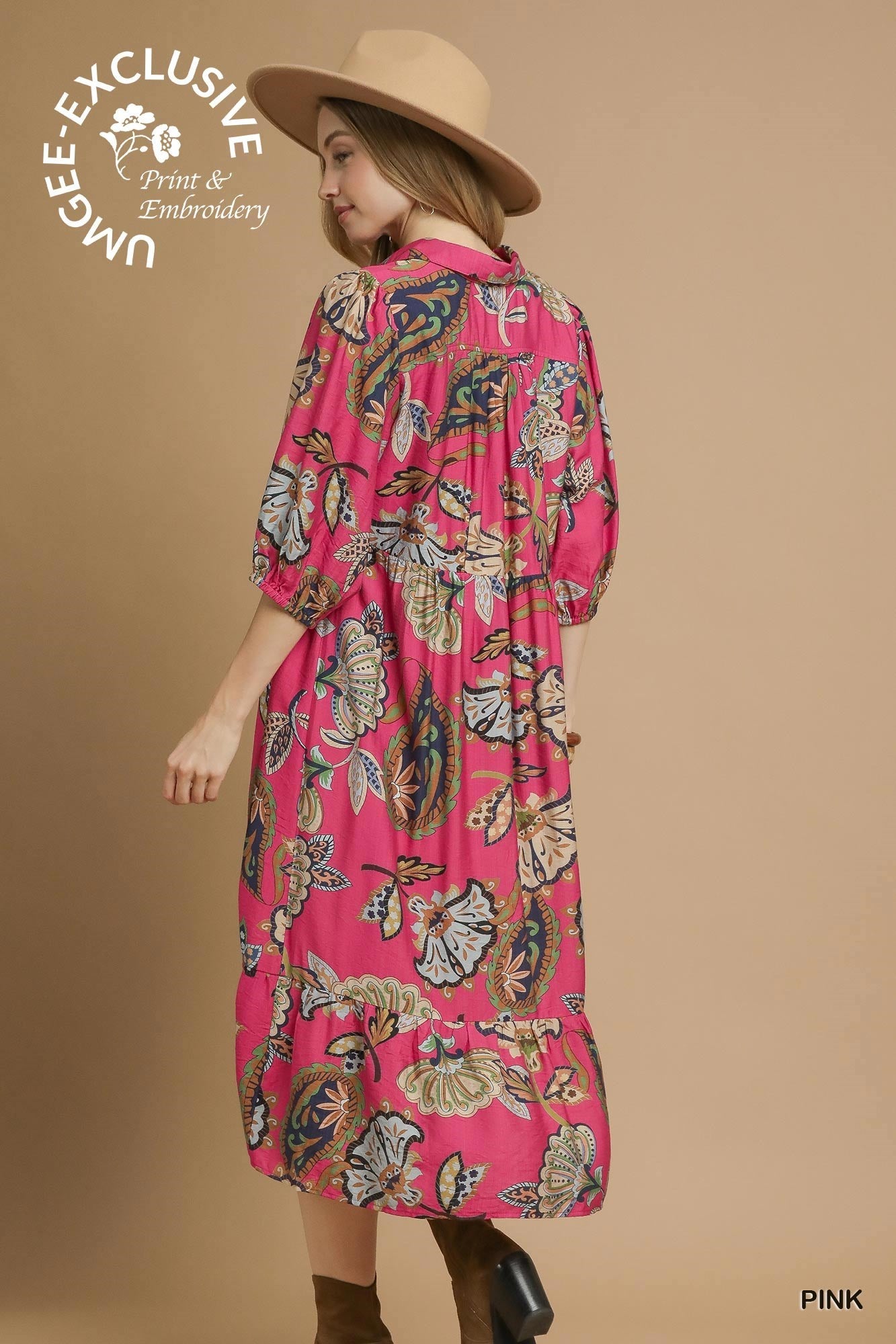 UMGEE Boho Paisley Tiered Midi Dress Pink