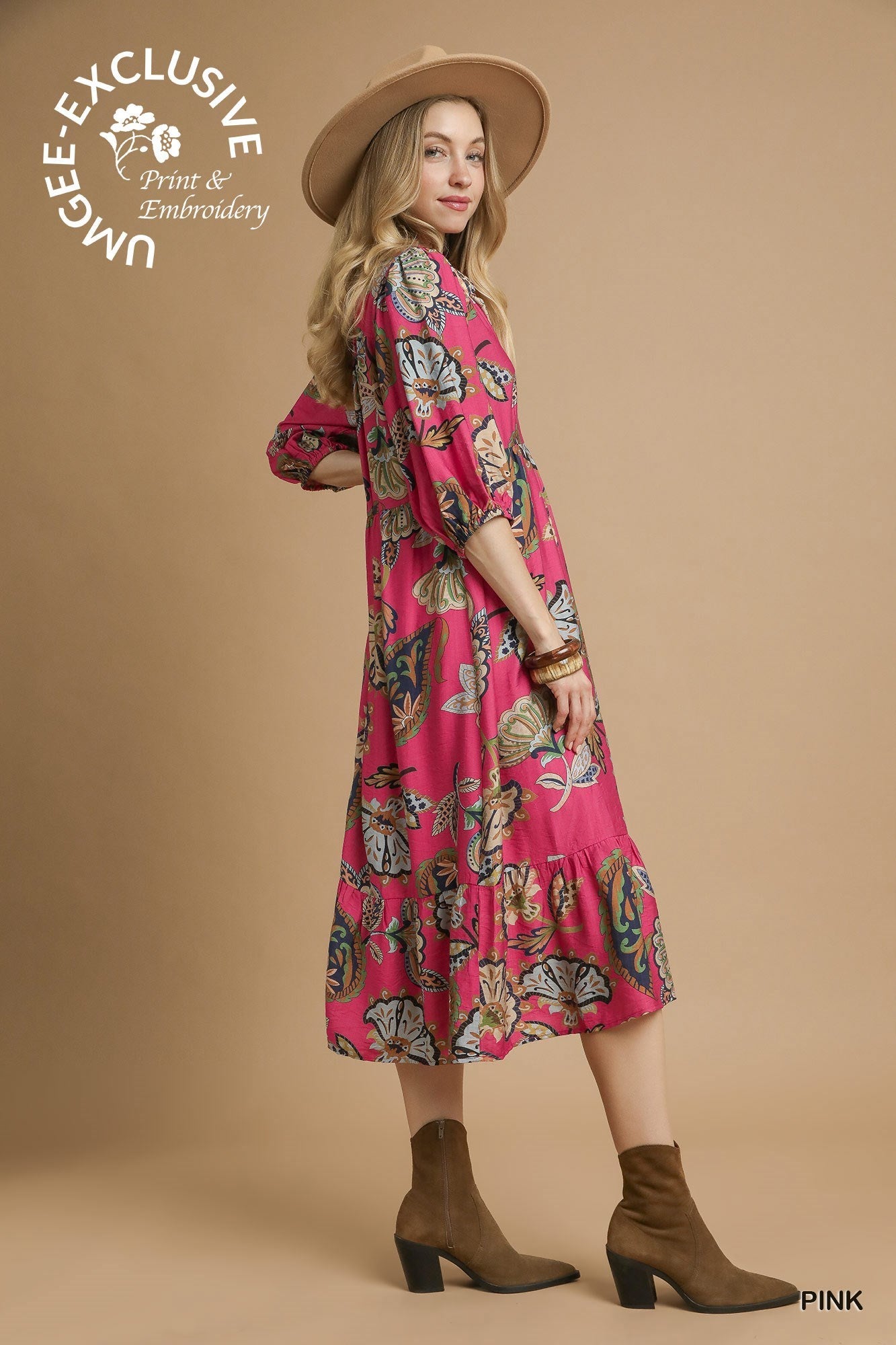 UMGEE Boho Paisley Tiered Midi Dress Pink