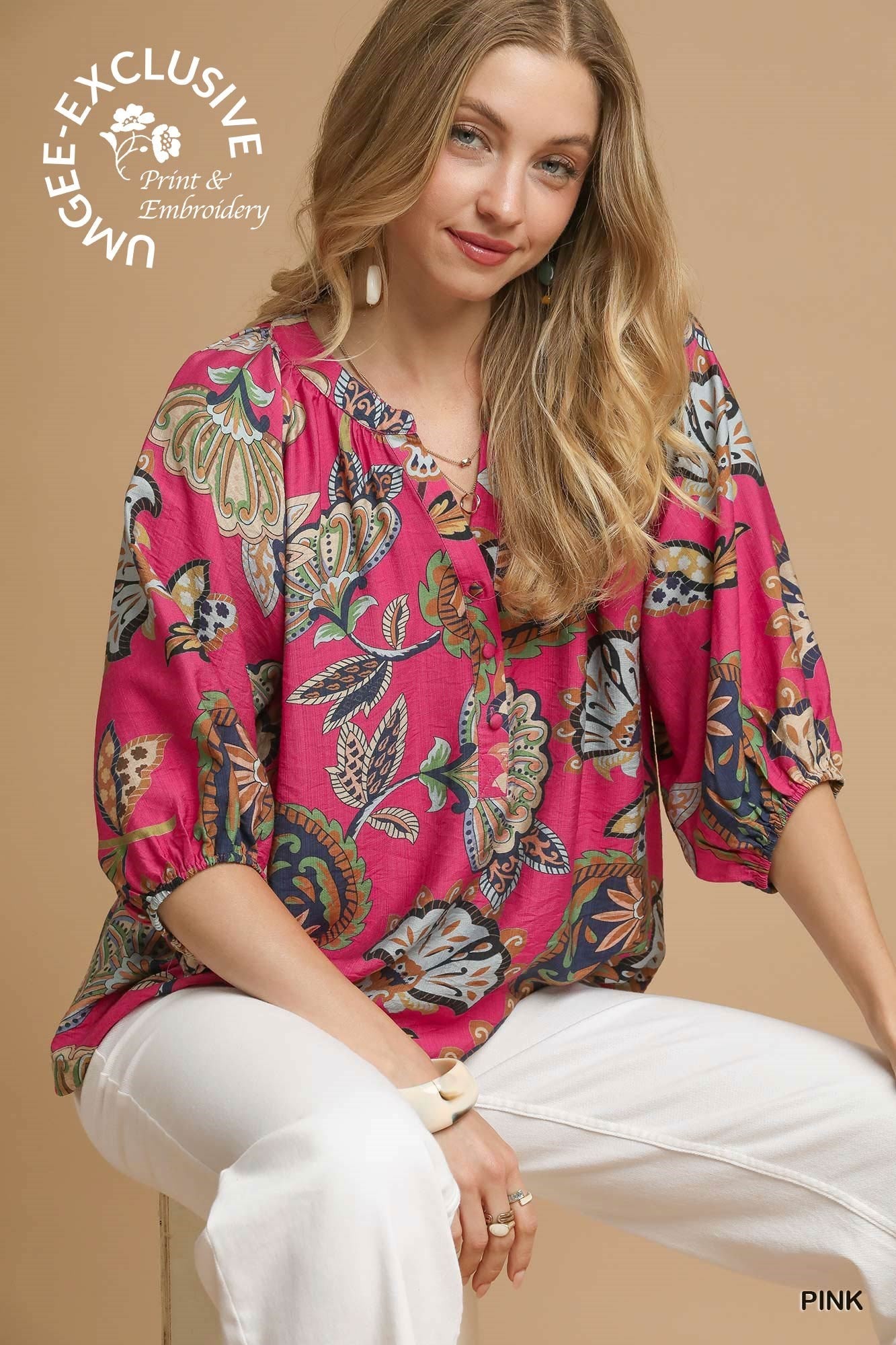 UMGEE Boho Paisley Puff Sleeve Blouse Pink