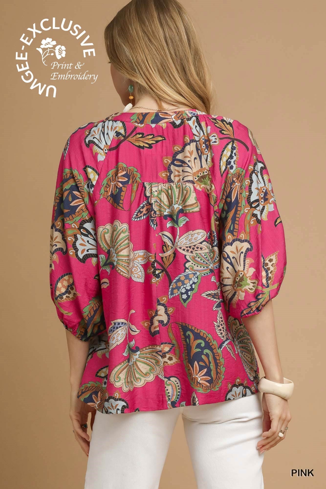 UMGEE Boho Paisley Puff Sleeve Blouse Pink