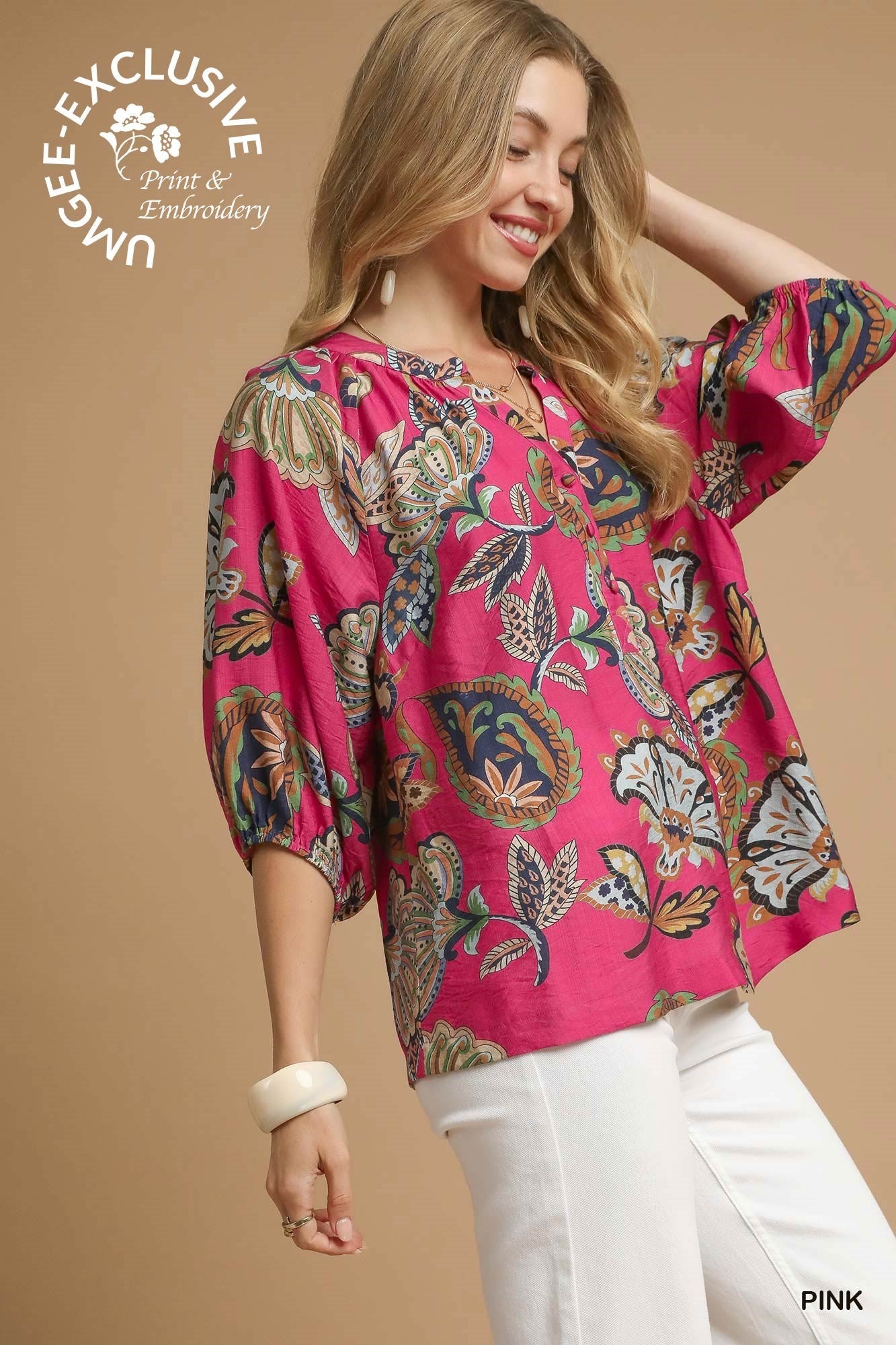 UMGEE Boho Paisley Puff Sleeve Blouse Pink
