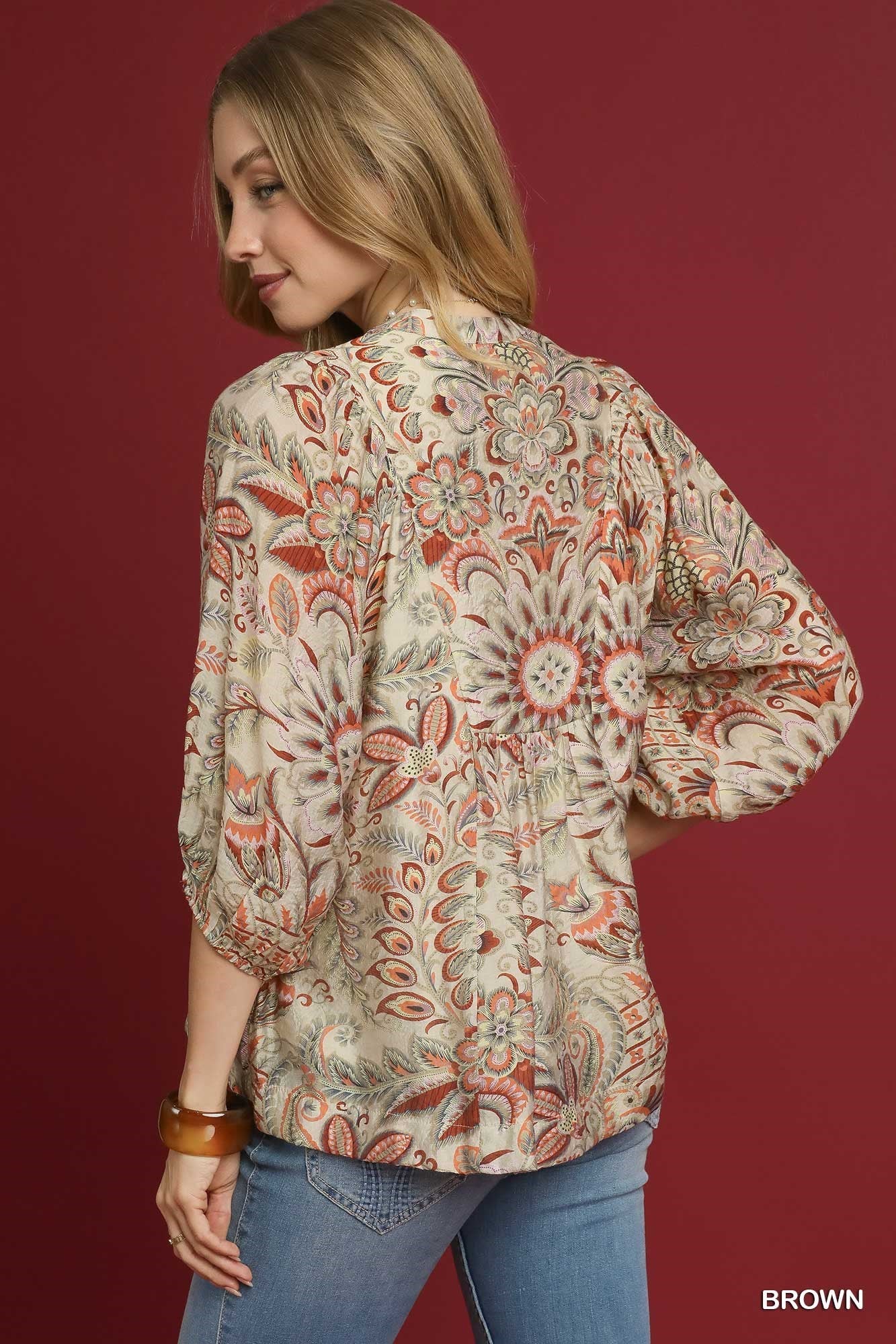 UMGEE Floral Paisley Boho Top Brown