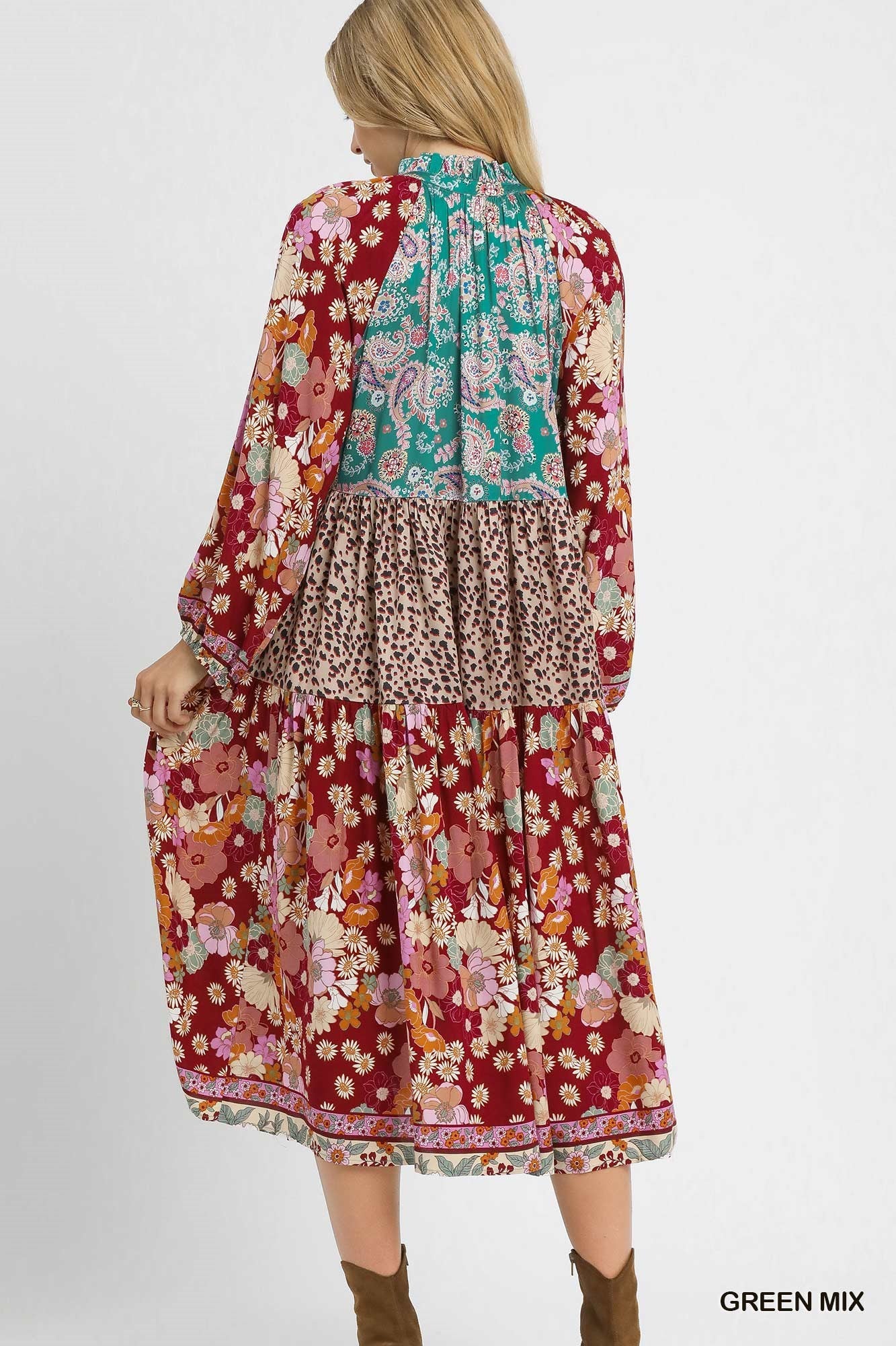 UMGEE Mix Boho Patchwork Print Tiered Midi Dress