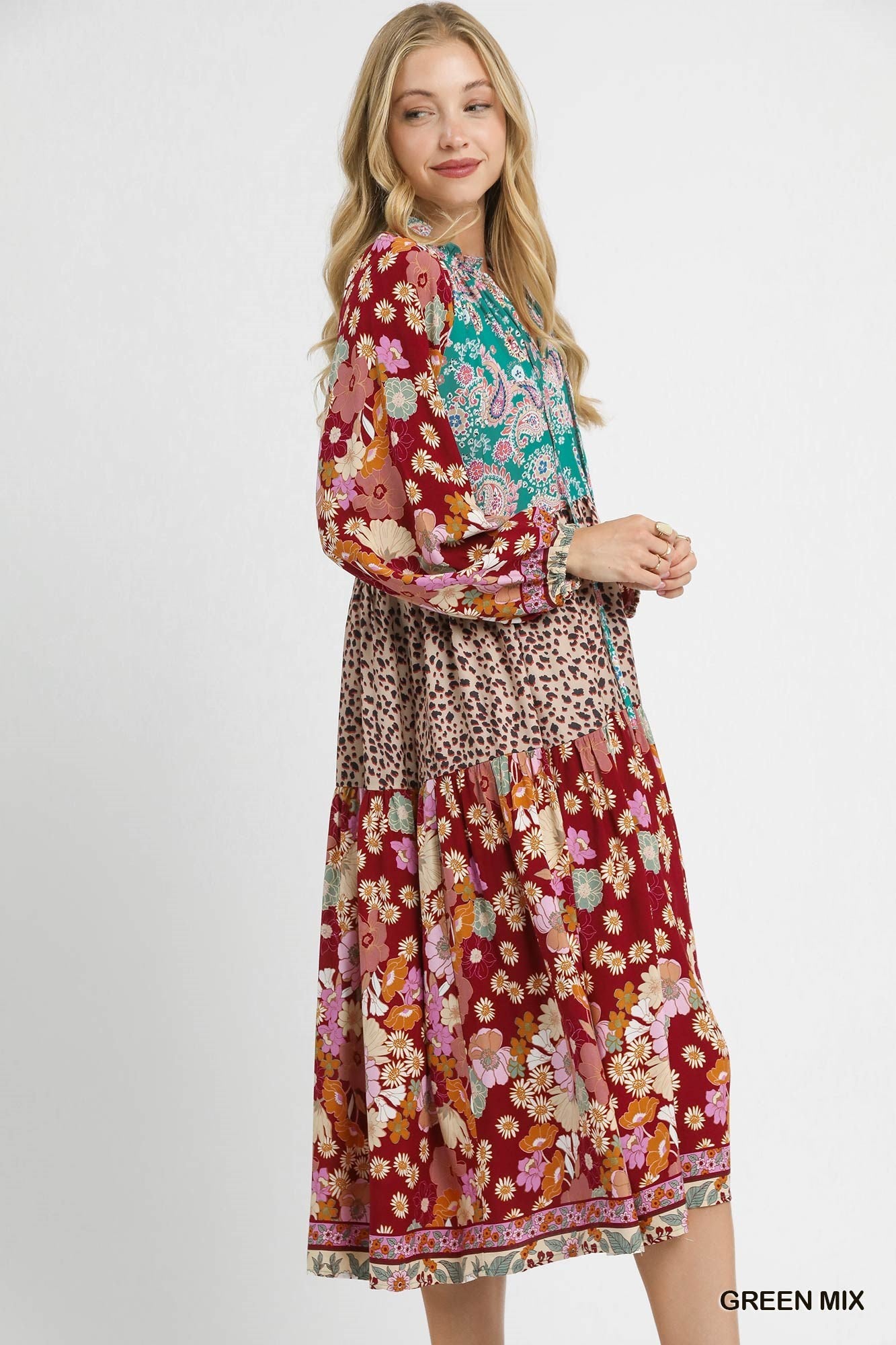 UMGEE Mix Boho Patchwork Print Tiered Midi Dress