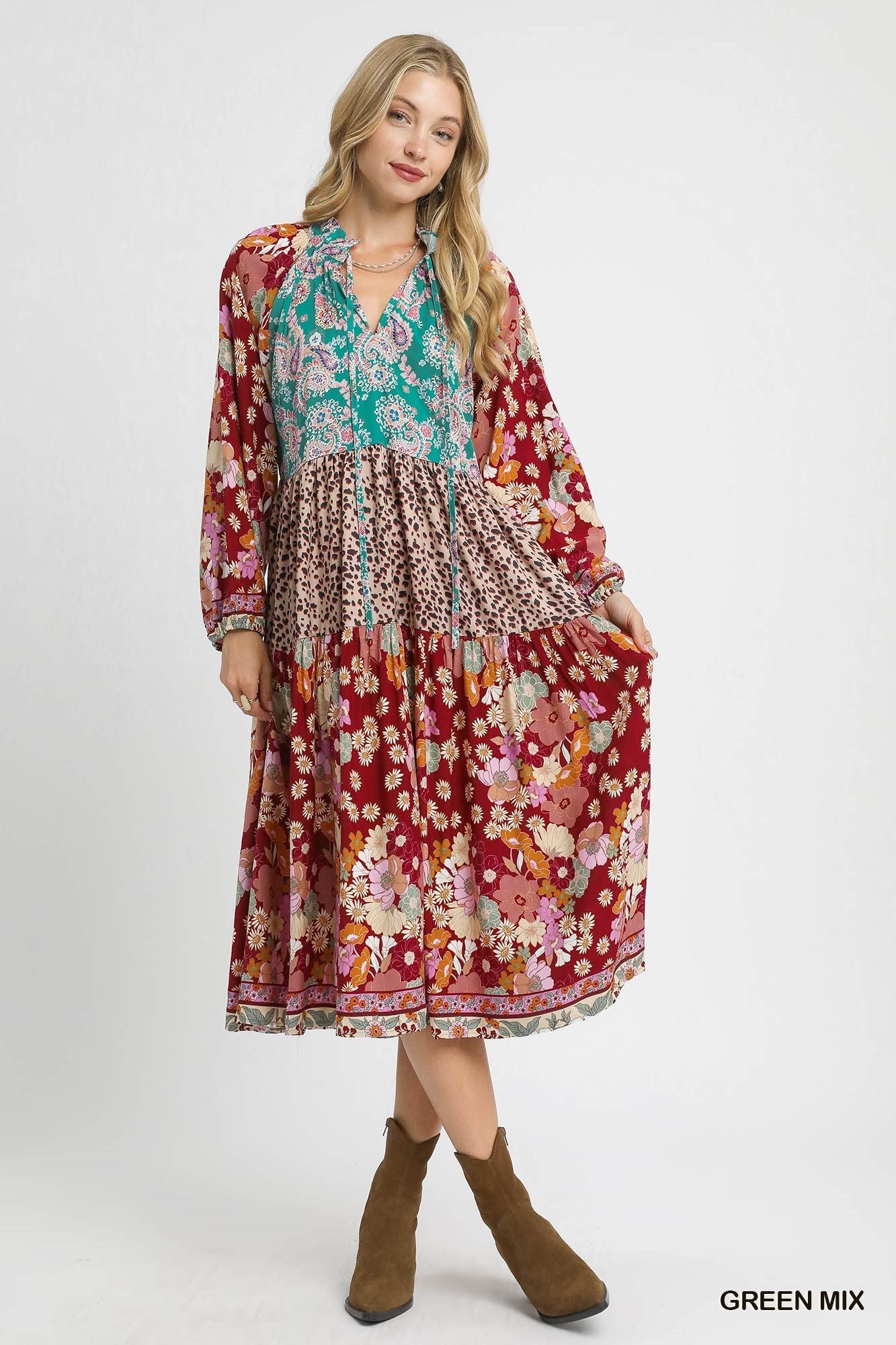 UMGEE Mix Boho Patchwork Print Tiered Midi Dress