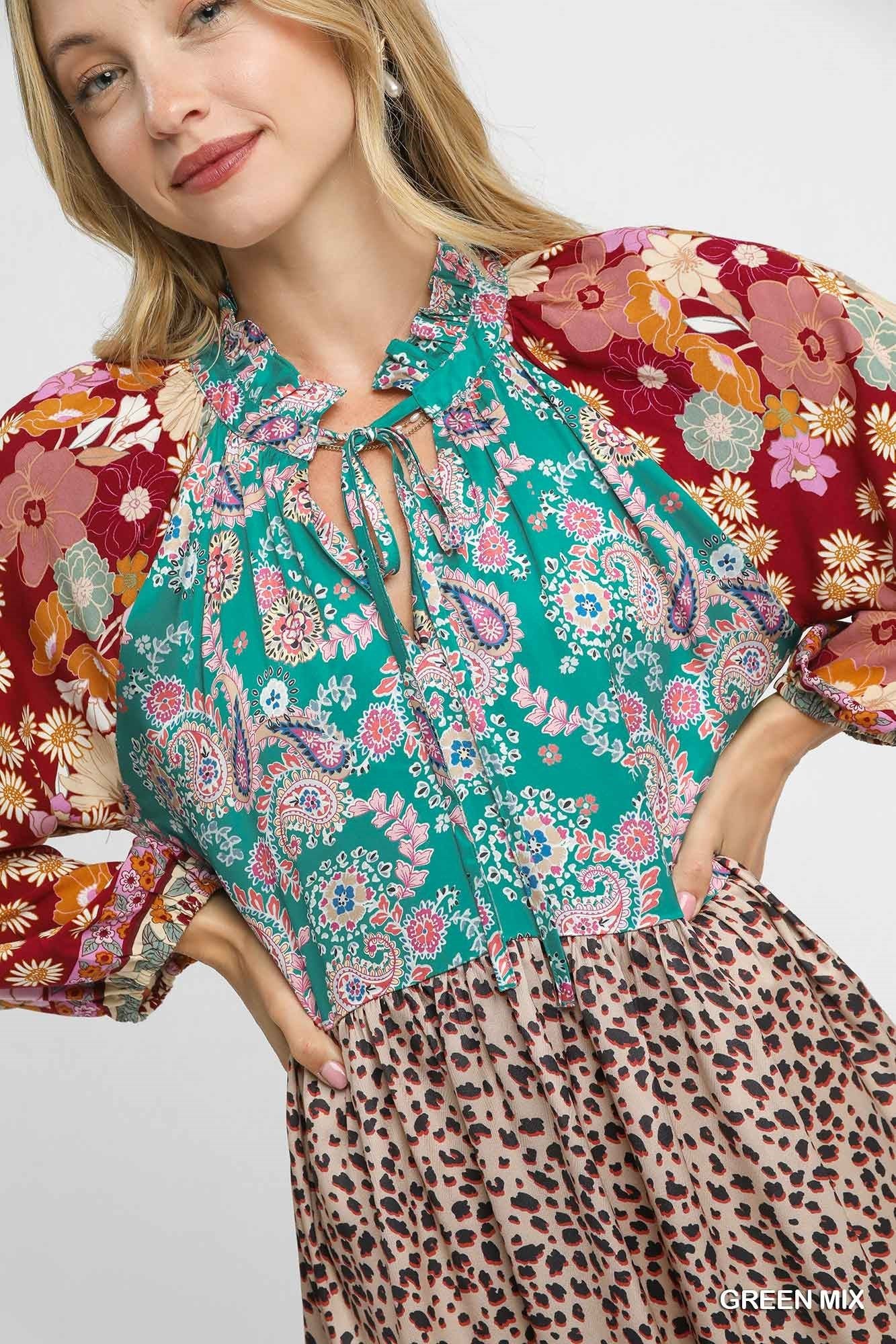 UMGEE Mix Boho Patchwork Print Tiered Midi Dress
