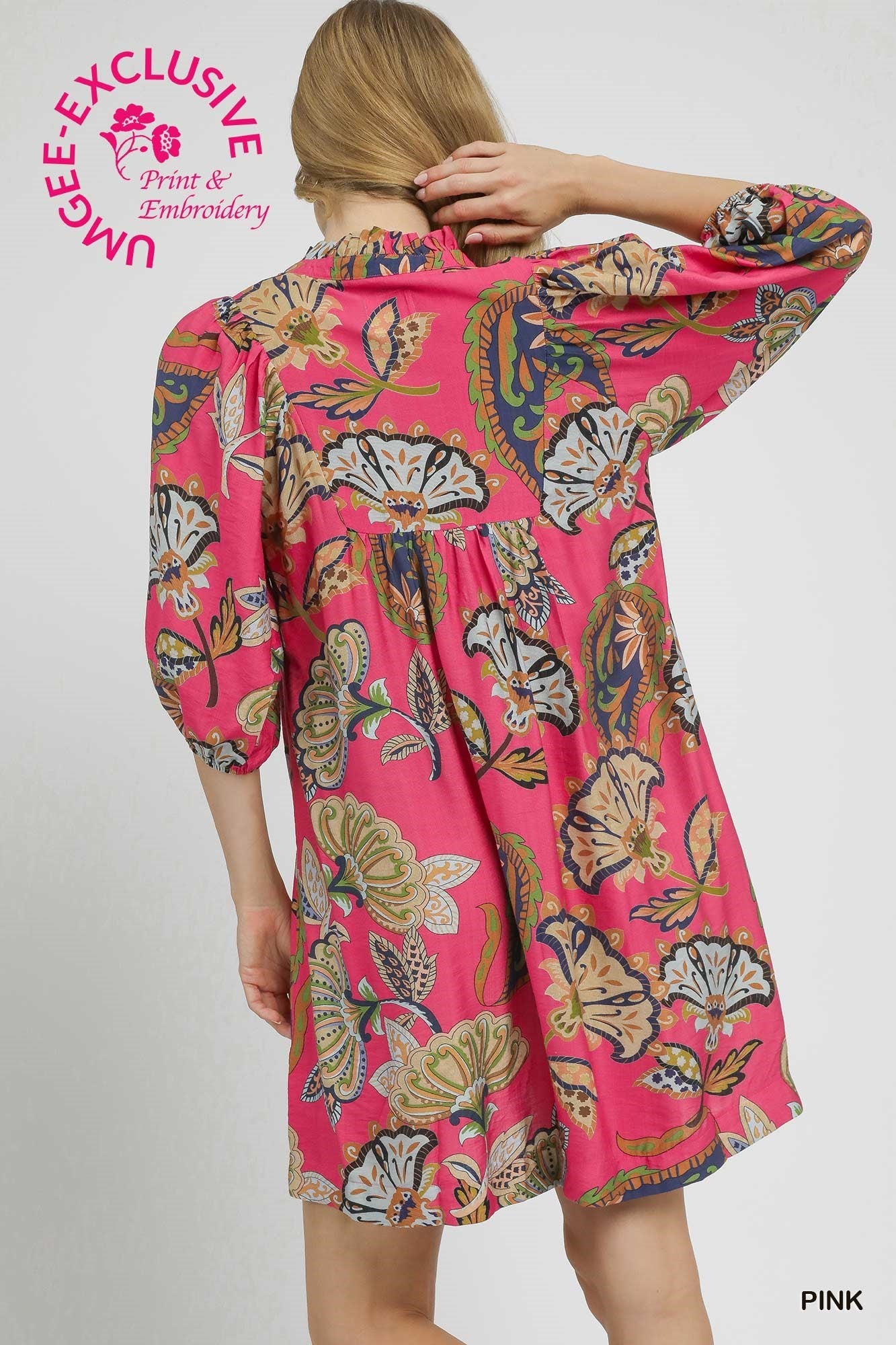 UMGEE Abstract Print Puff Sleeve Babydoll Dress Pink