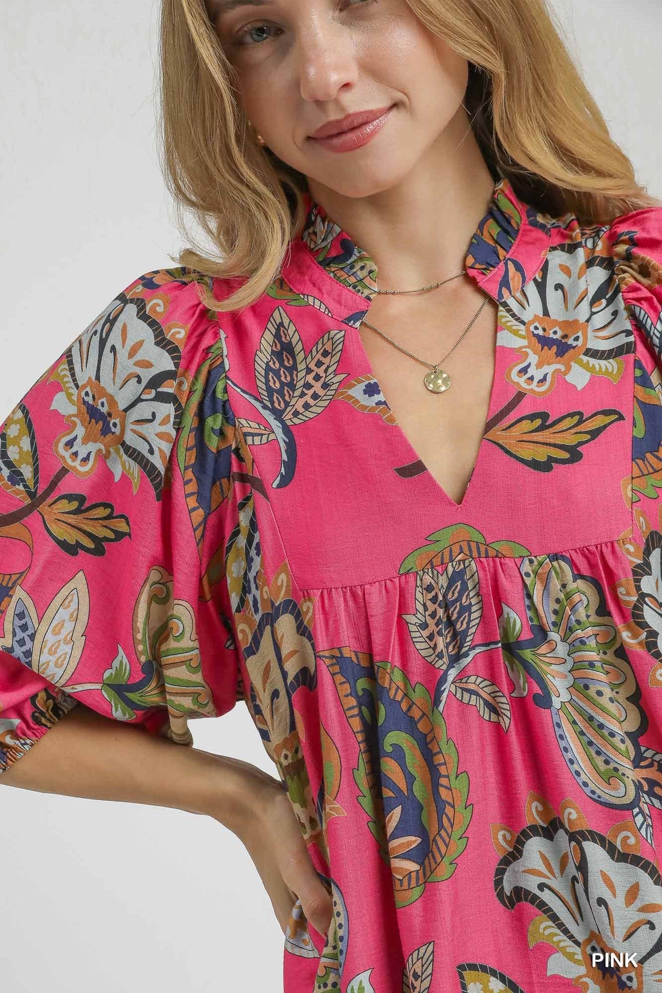 UMGEE Abstract Print Puff Sleeve Babydoll Dress Pink