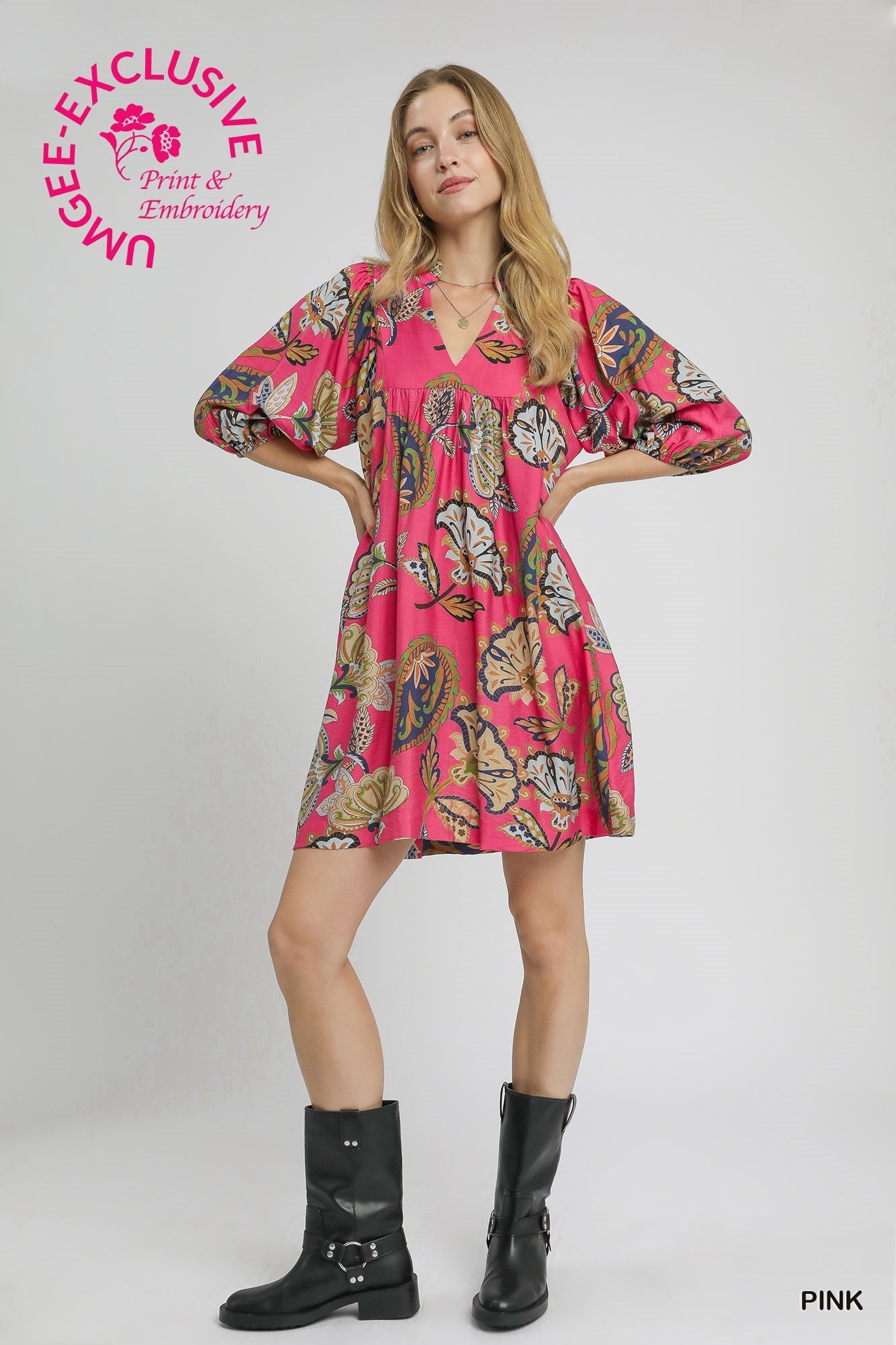 UMGEE Abstract Print Puff Sleeve Babydoll Dress Pink