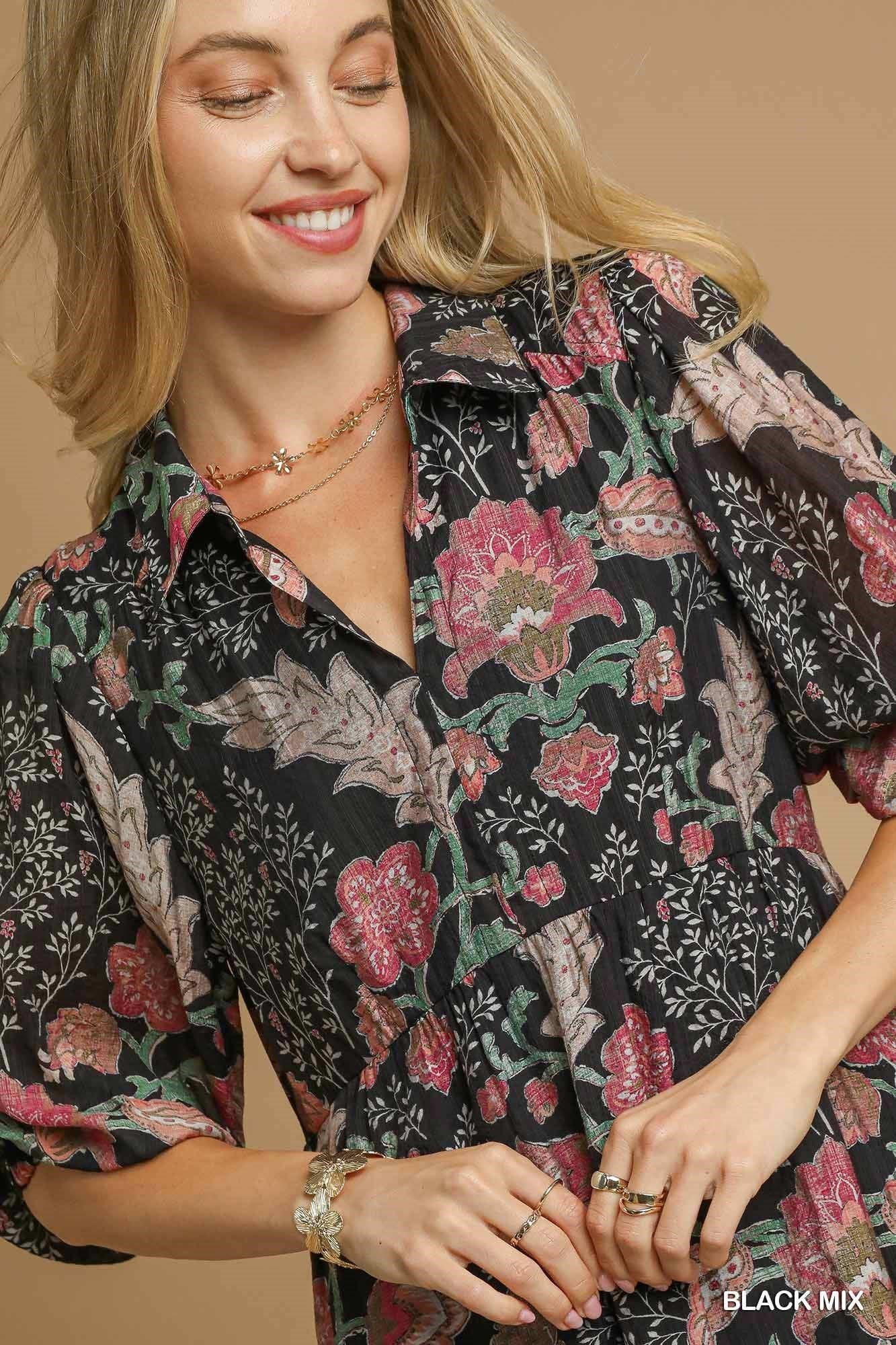 UMGEE Black Mix Floral Collared Midi Dress