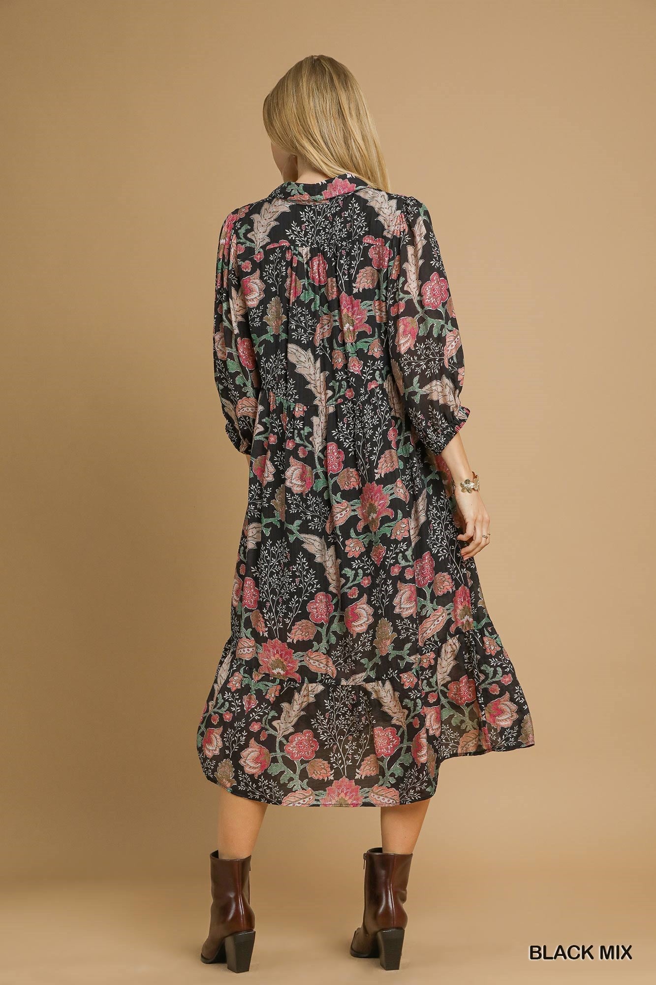 UMGEE Black Mix Floral Collared Midi Dress
