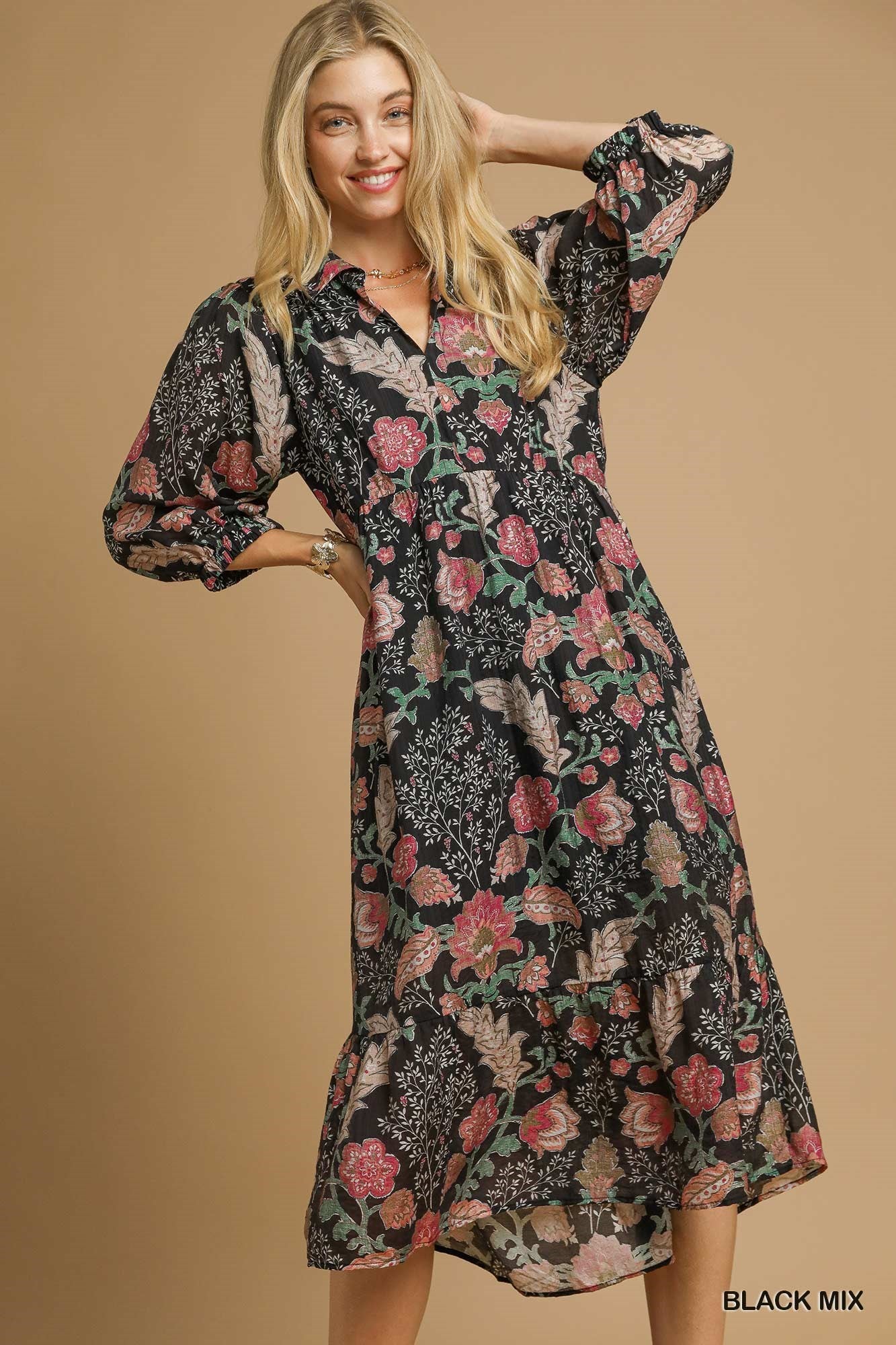 UMGEE Black Mix Floral Collared Midi Dress