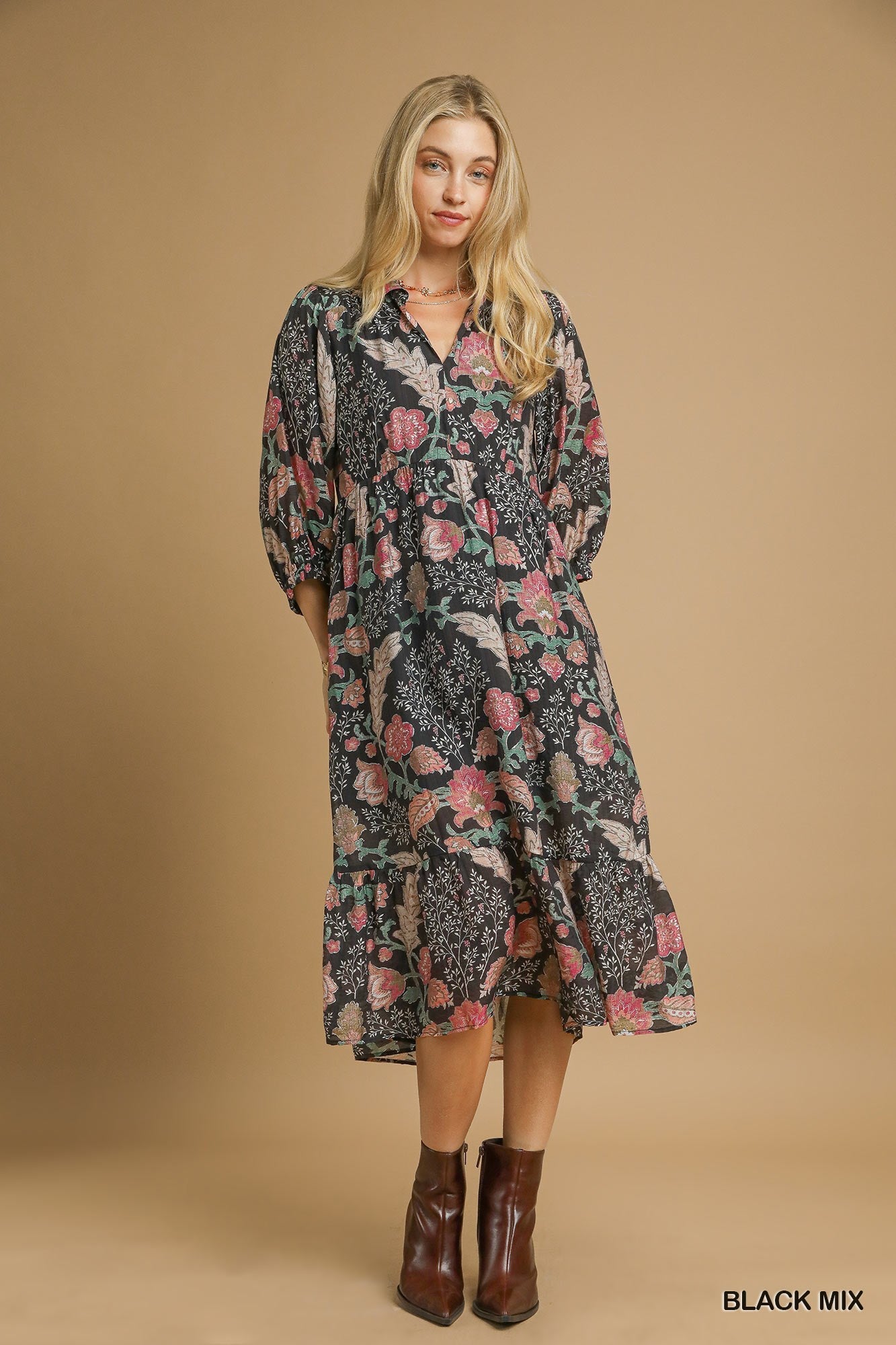 UMGEE Black Mix Floral Collared Midi Dress