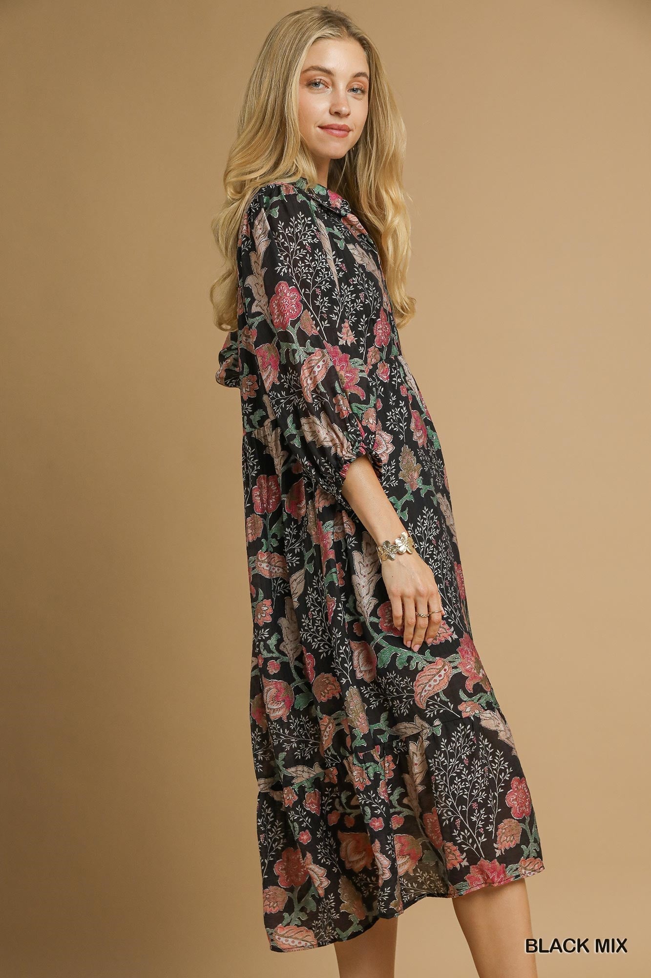 UMGEE Black Mix Floral Collared Midi Dress
